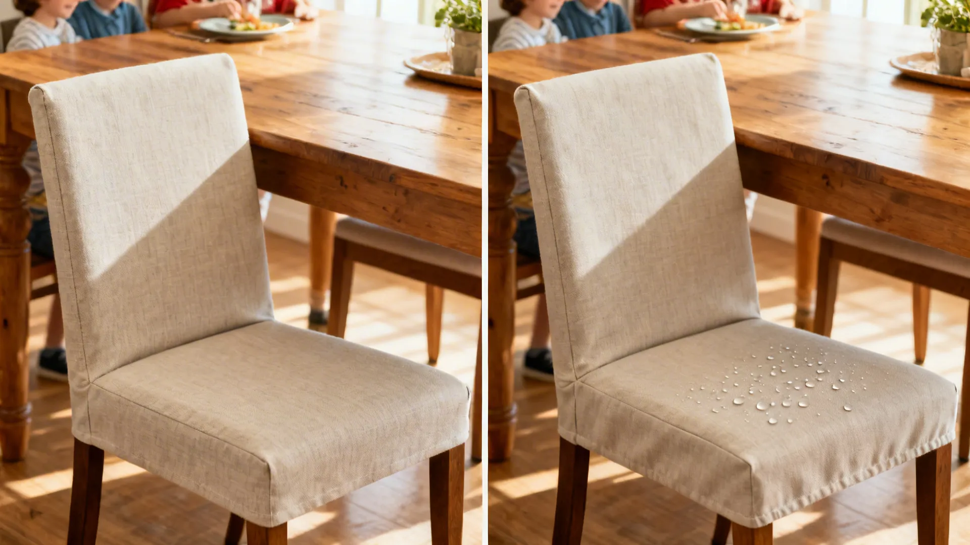 Side by side comparison showing a normal fabric chair versus a waterproof fabric chair beads
