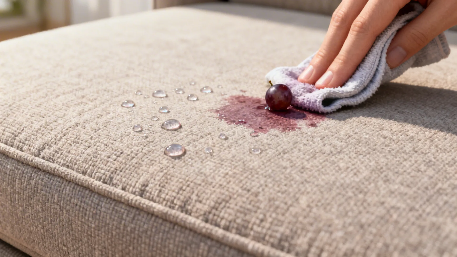 Macro view of microfiber sofa fabric with liquid beading and spot-cleaning cloth