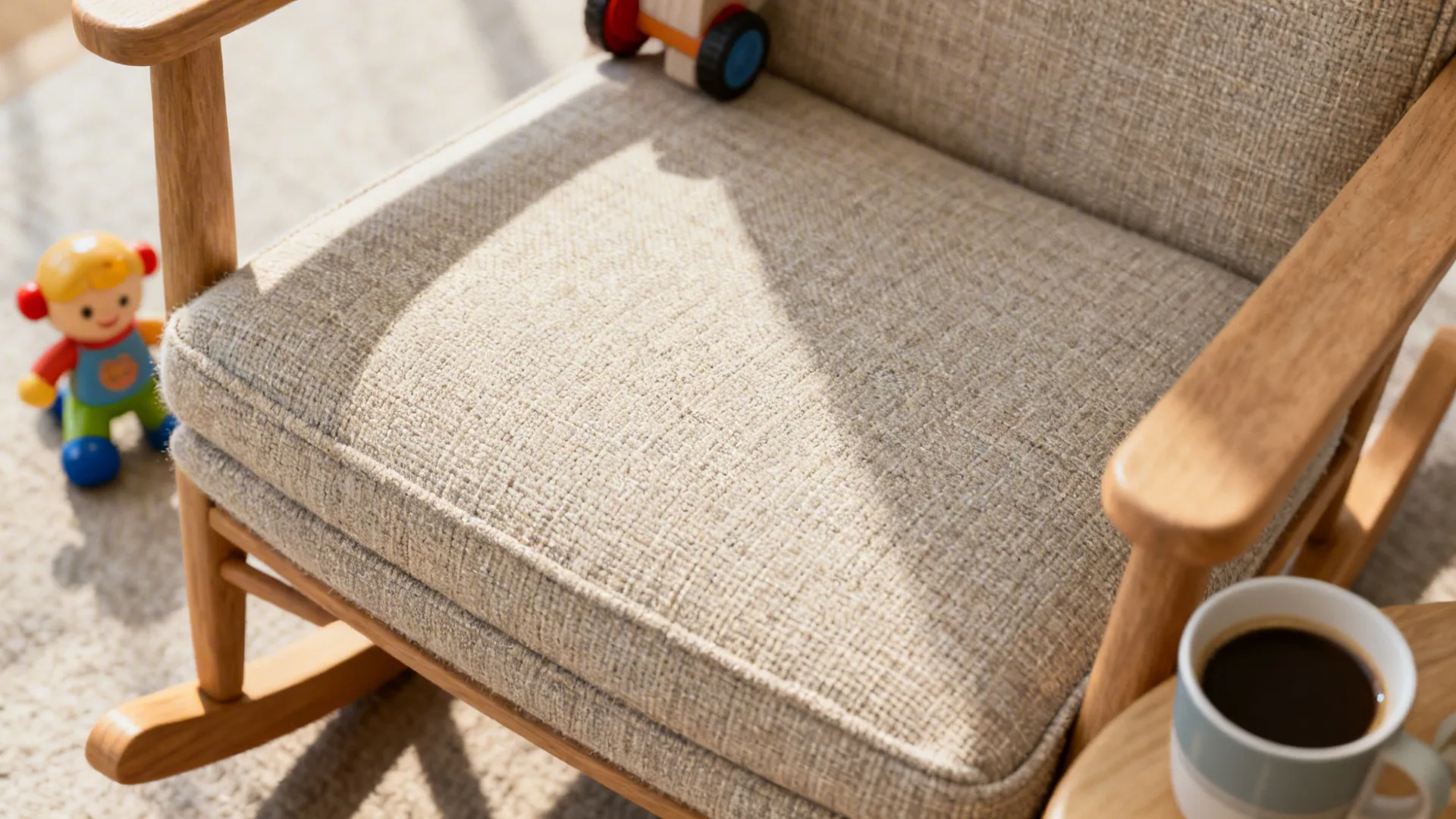 Close up of wooden rocking chair with beige fabric cushion, coffee cup, and colorful toy