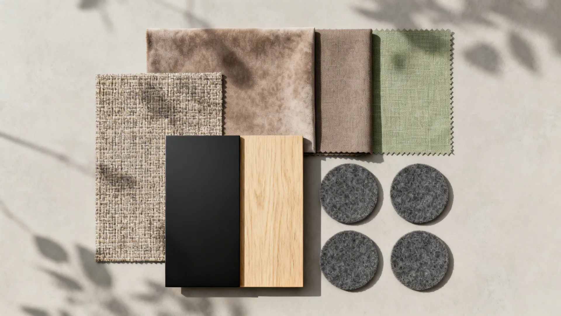 Flat lay of mid-tone performance fabric swatches with matte black metal and light wood samples.
