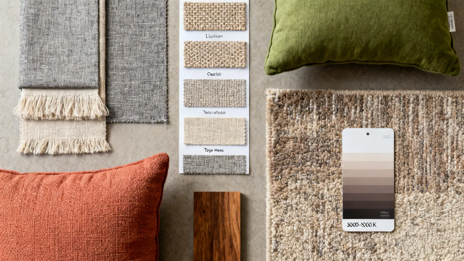 Flatlay of neutral performance fabric swatches with bold accent pillows and rug textures.
