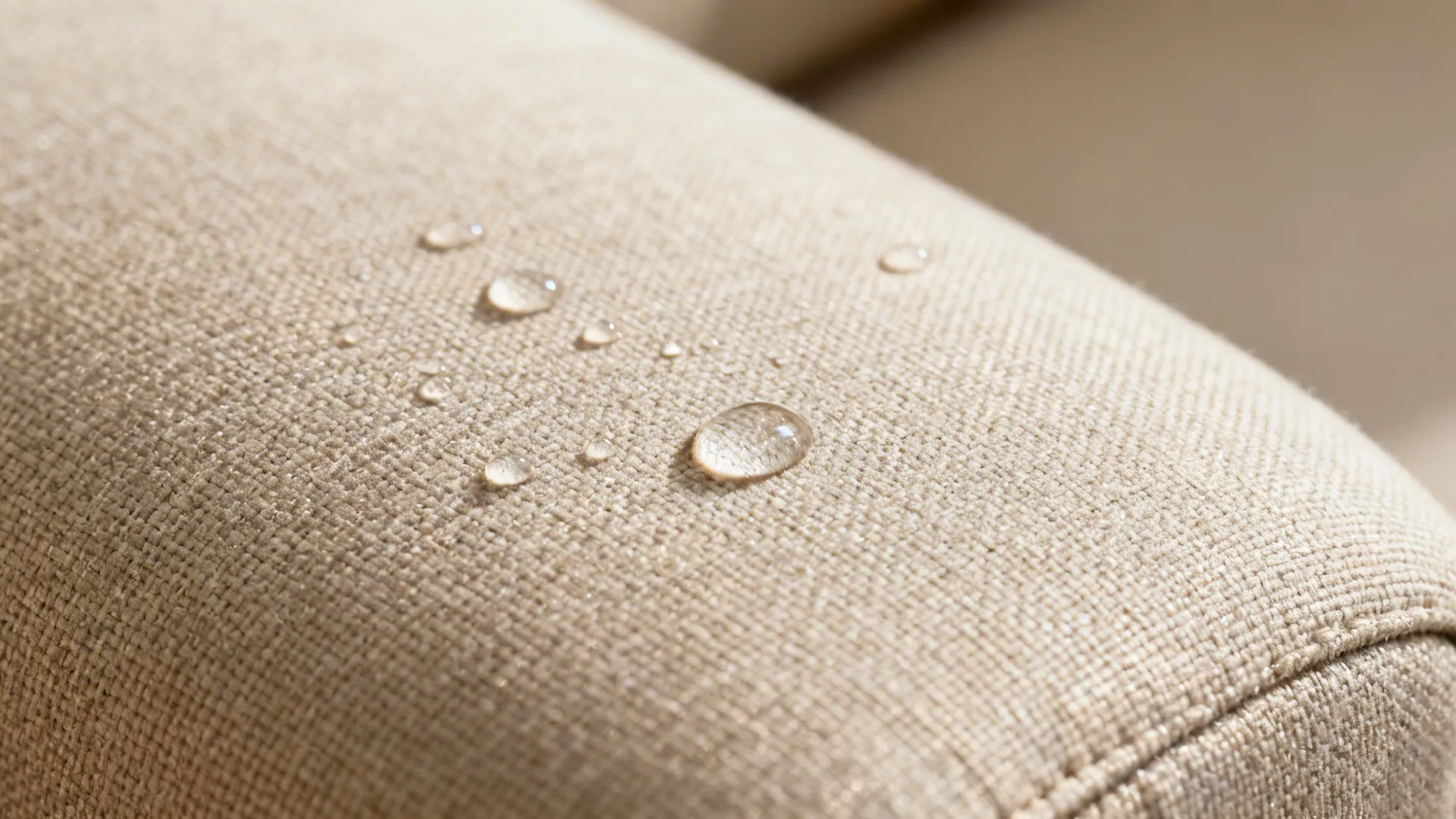 Macro of water beading on a tightly woven neutral performance upholstery fabric.