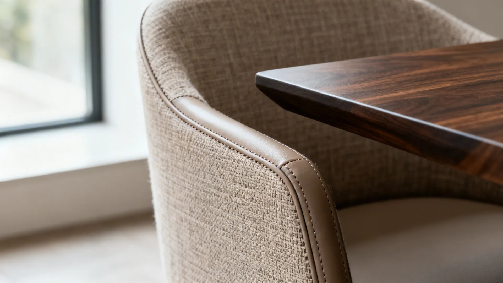 Close up of a textured fabric chair with leather trim next to a dark wood table
