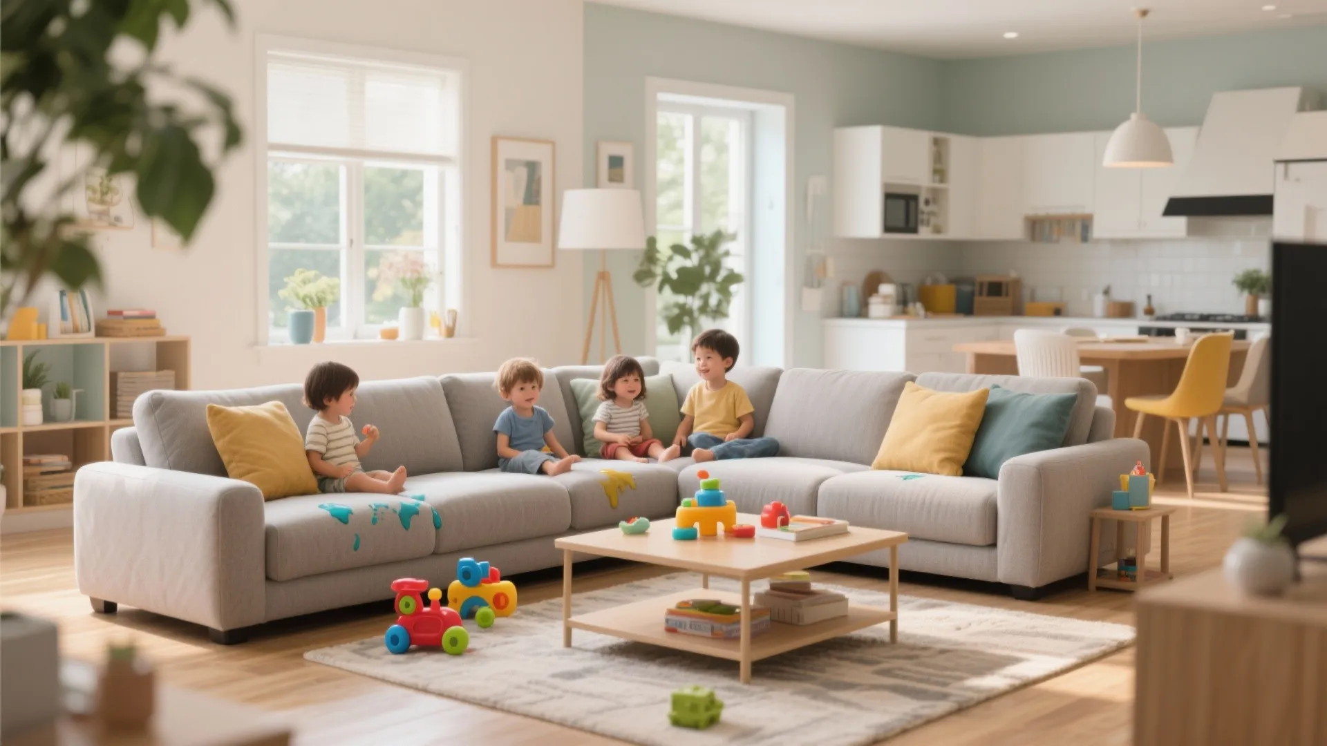 Living room with child-friendly performance fabric sectional sofa