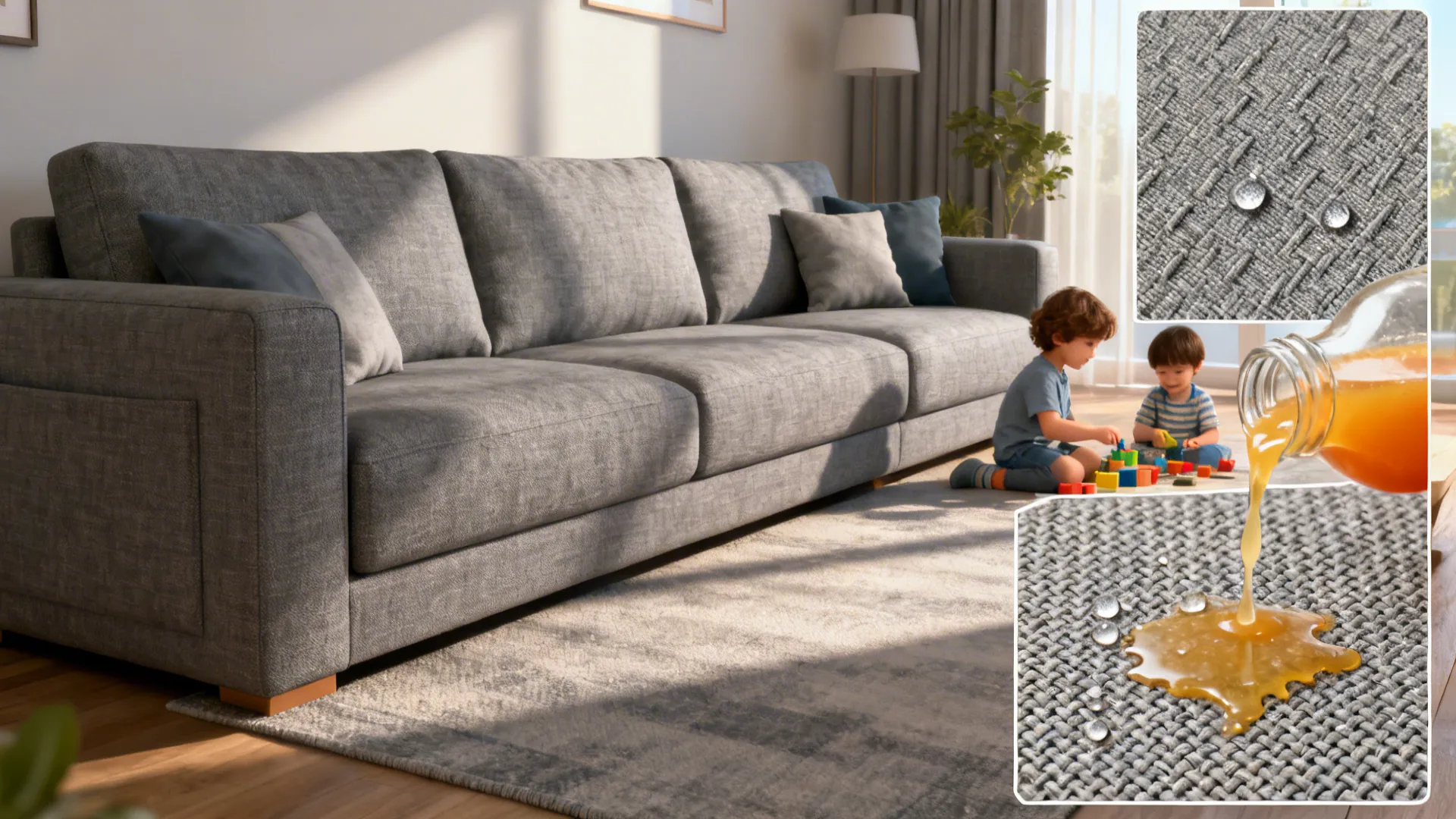 Performance fabric sofa with visible weave and demonstration of liquid beading on surface.