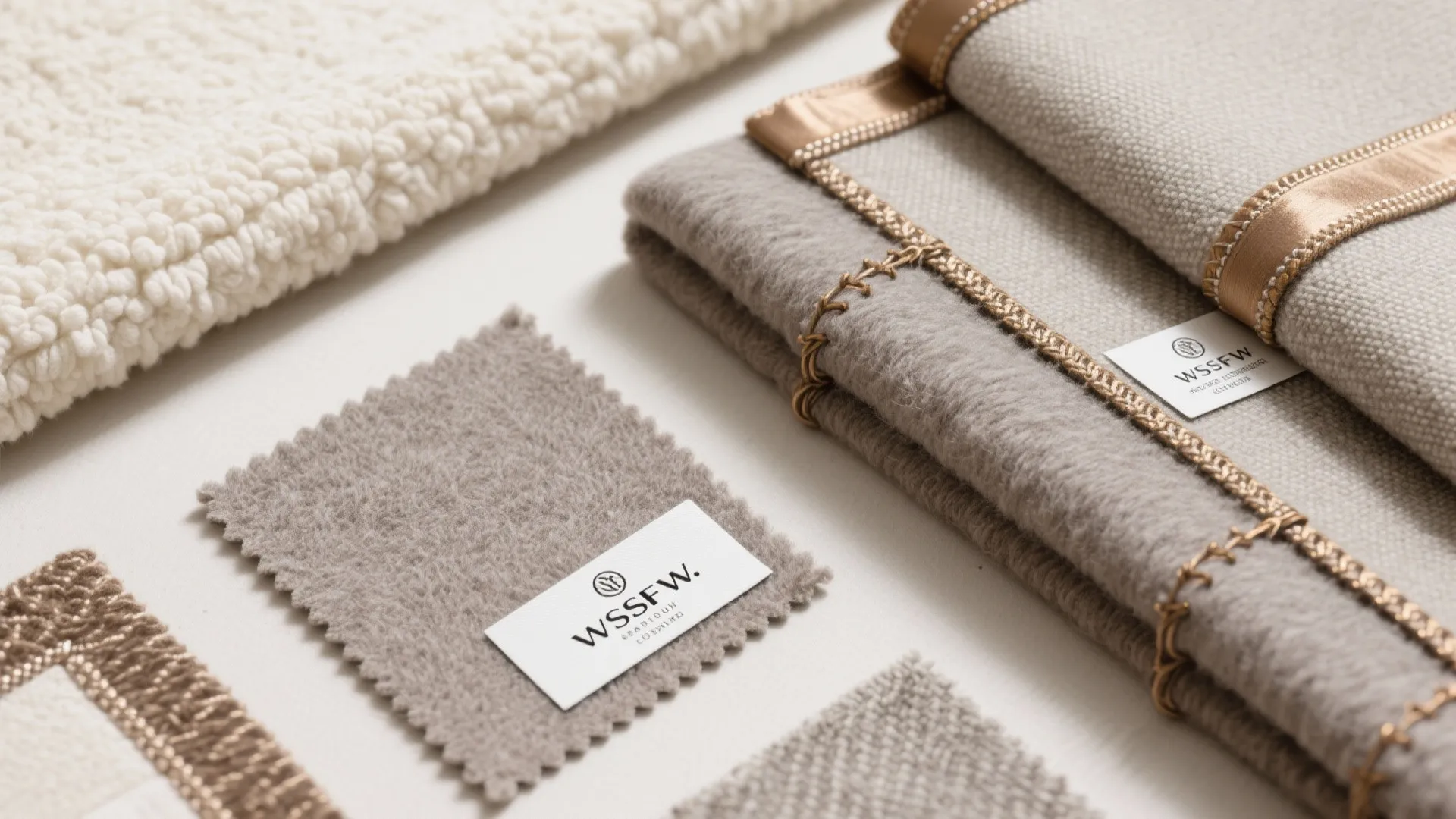 Various neutral fabric samples including textured white rug and grey cloth with gold trim labels