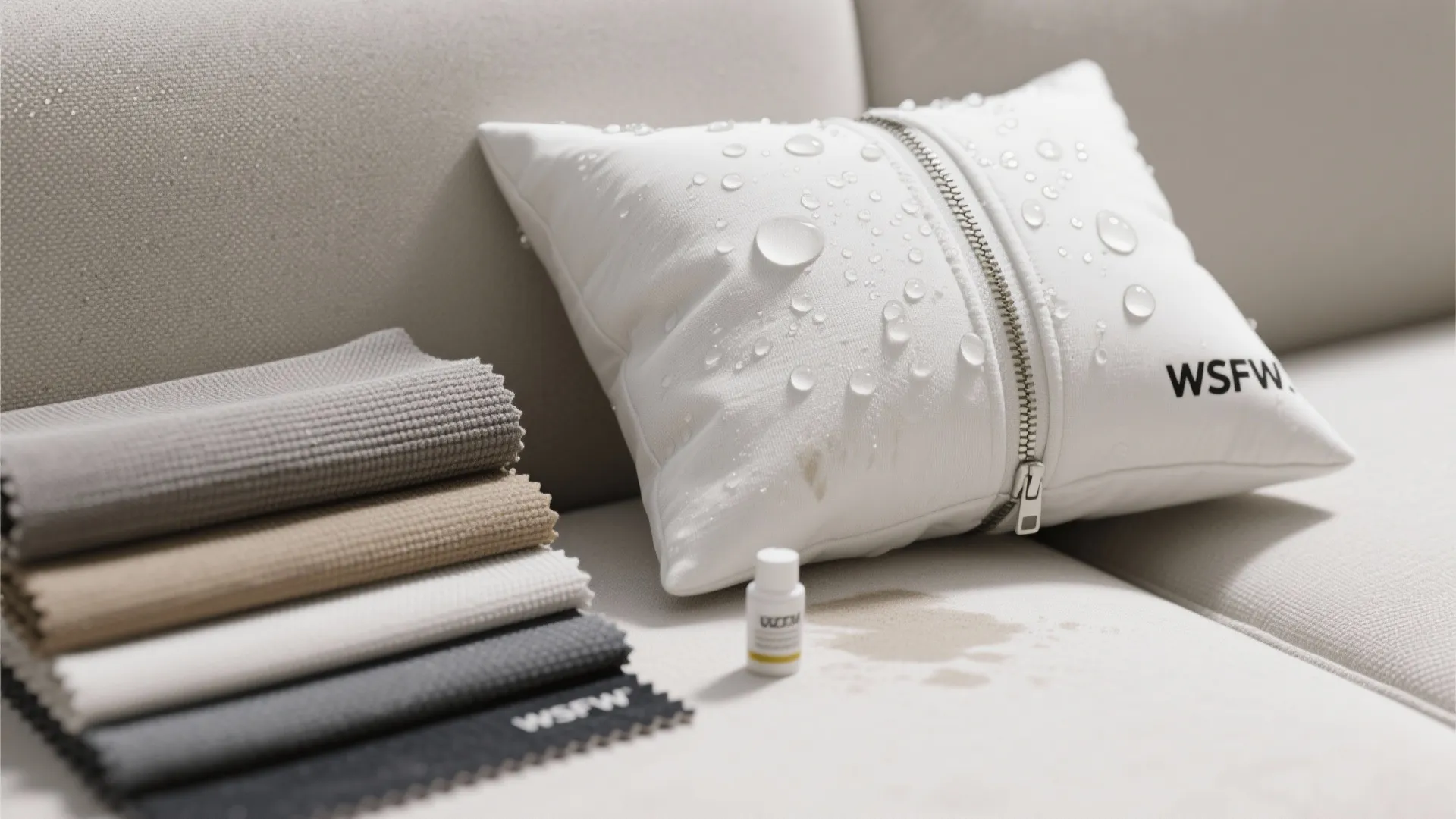 Water droplets on white pillow sitting next to fabric samples on a beige sofa surface