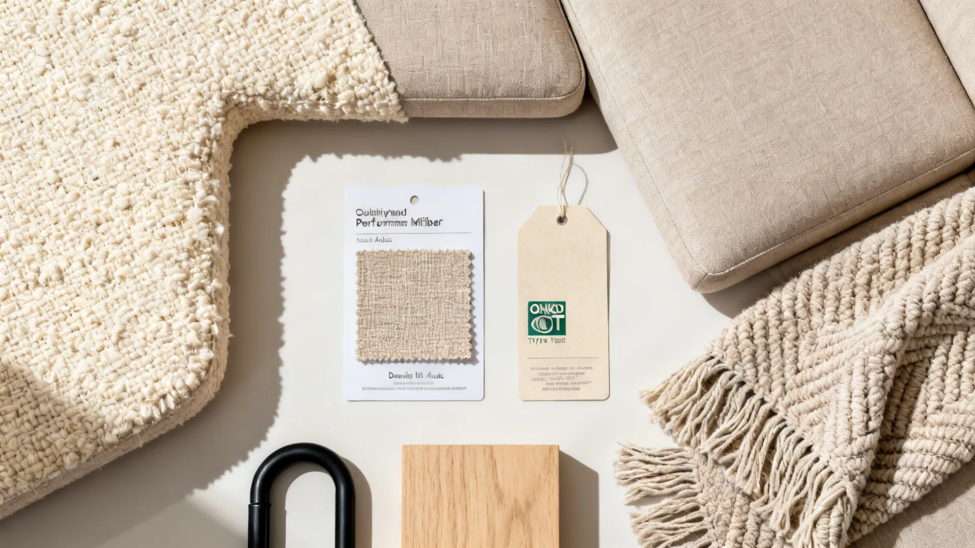 Top-down material flat lay with bouclé, performance microfiber, solution-dyed acrylic, and oak and metal finishes.