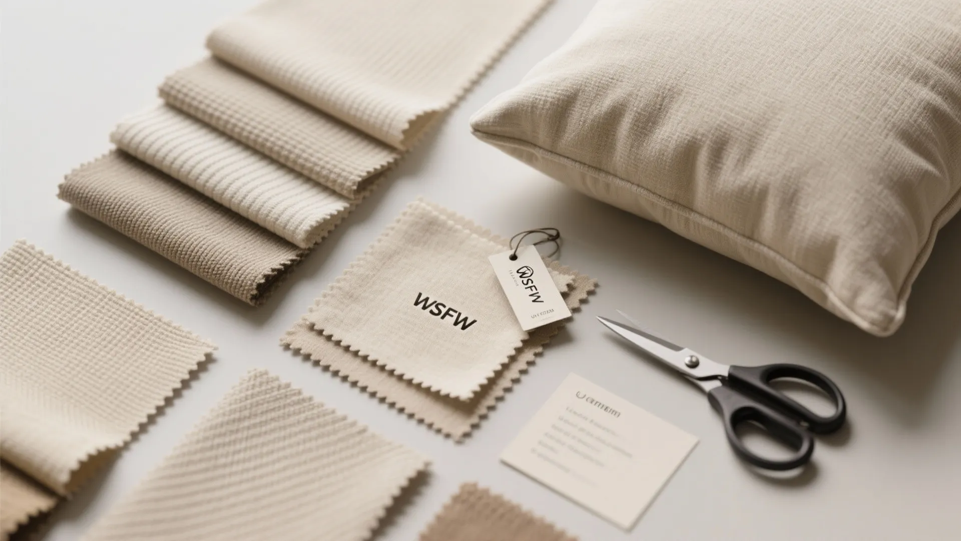 Neutral fabric swatches arranged with a matching pillow scissors and small business cards on table