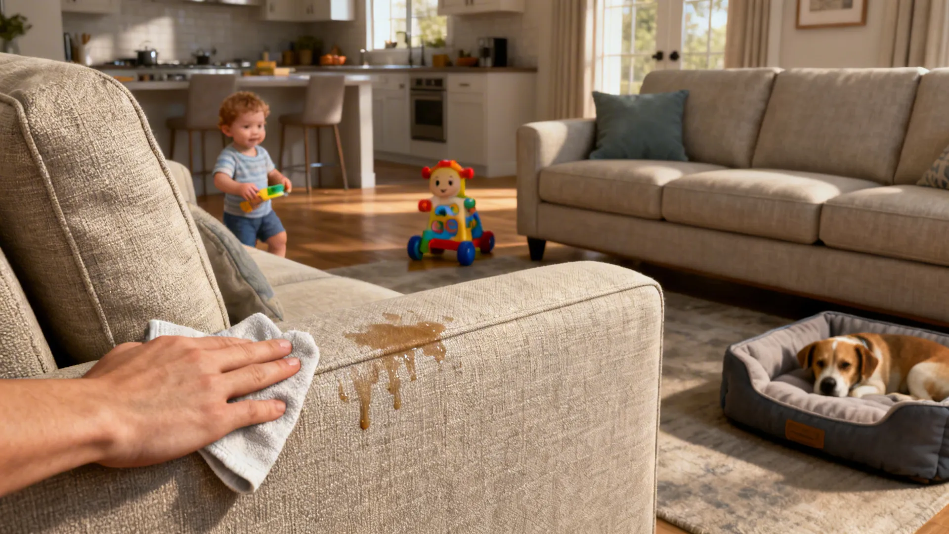 Family-friendly sofa and loveseat in performance fabric with a tidy, bright setting.