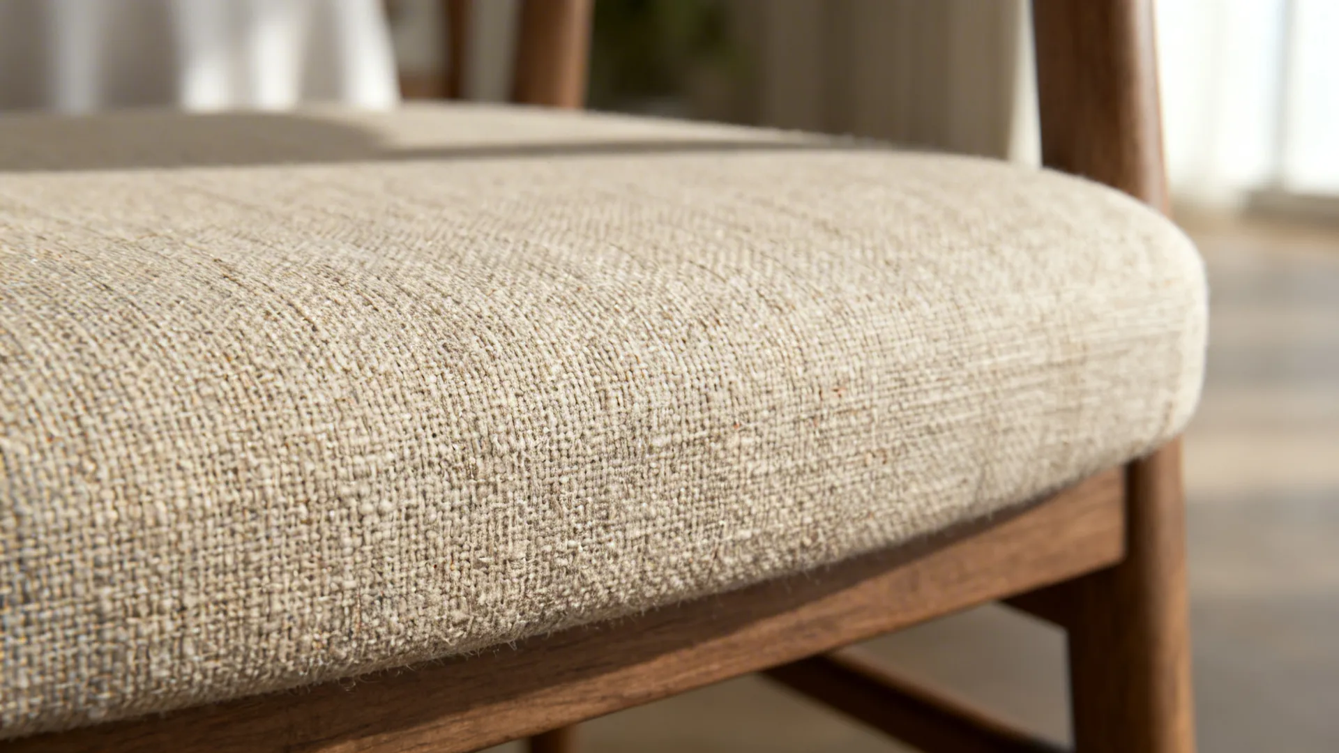 Close-up of performance linen blend upholstery showing textured neutral weave.