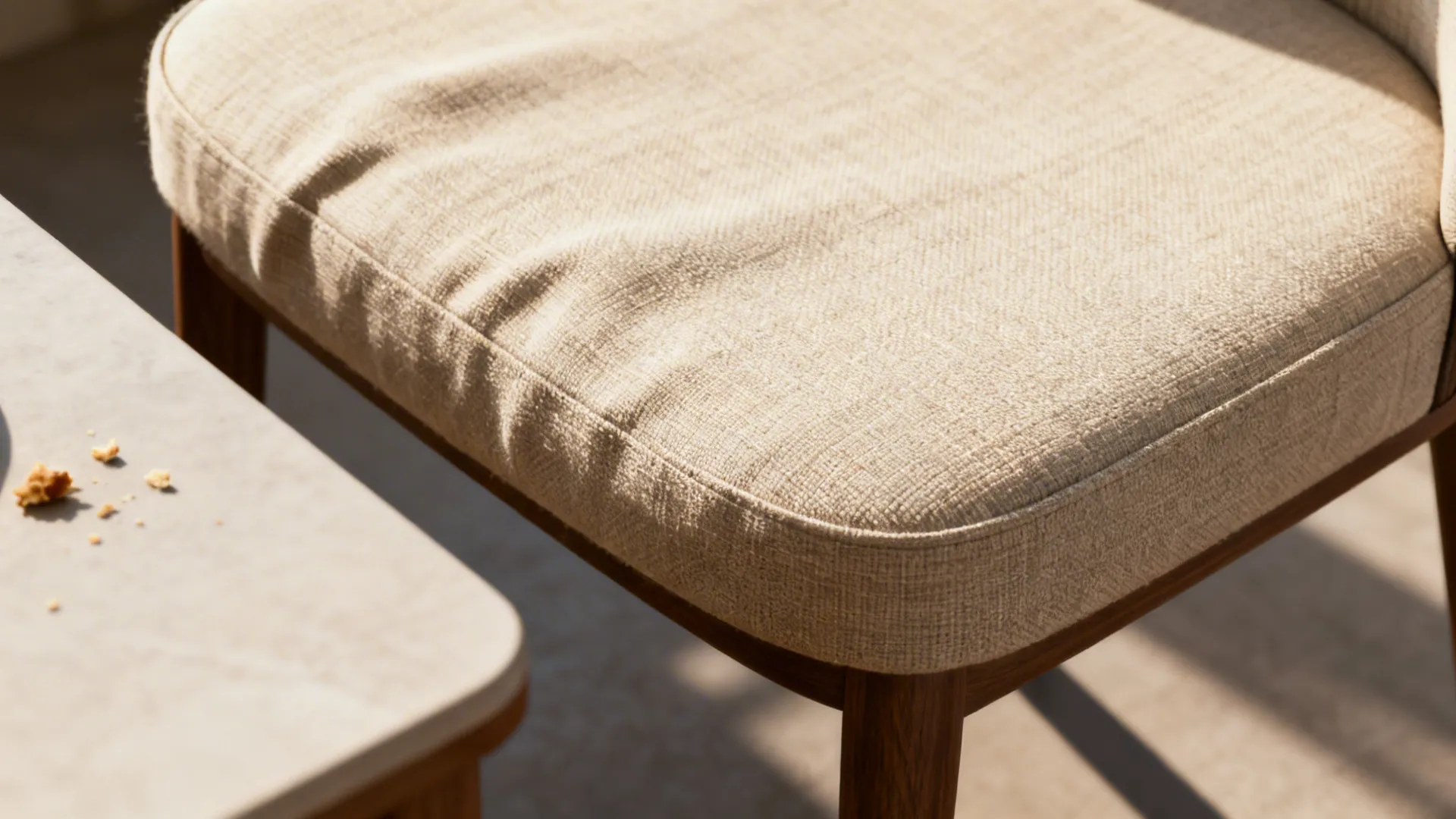 Close-up of a dining chair seat in performance linen showing weave and soft texture.