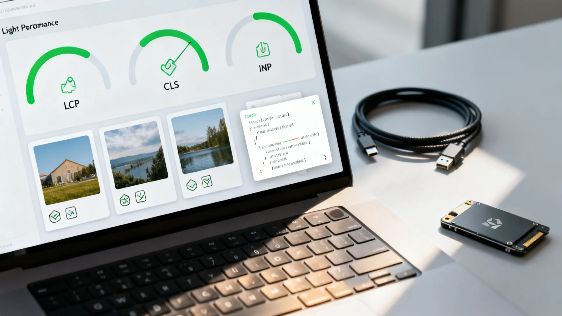 Macro view of a laptop with performance gauges indicating fast LCP, CLS, and INP on a clean desk.
