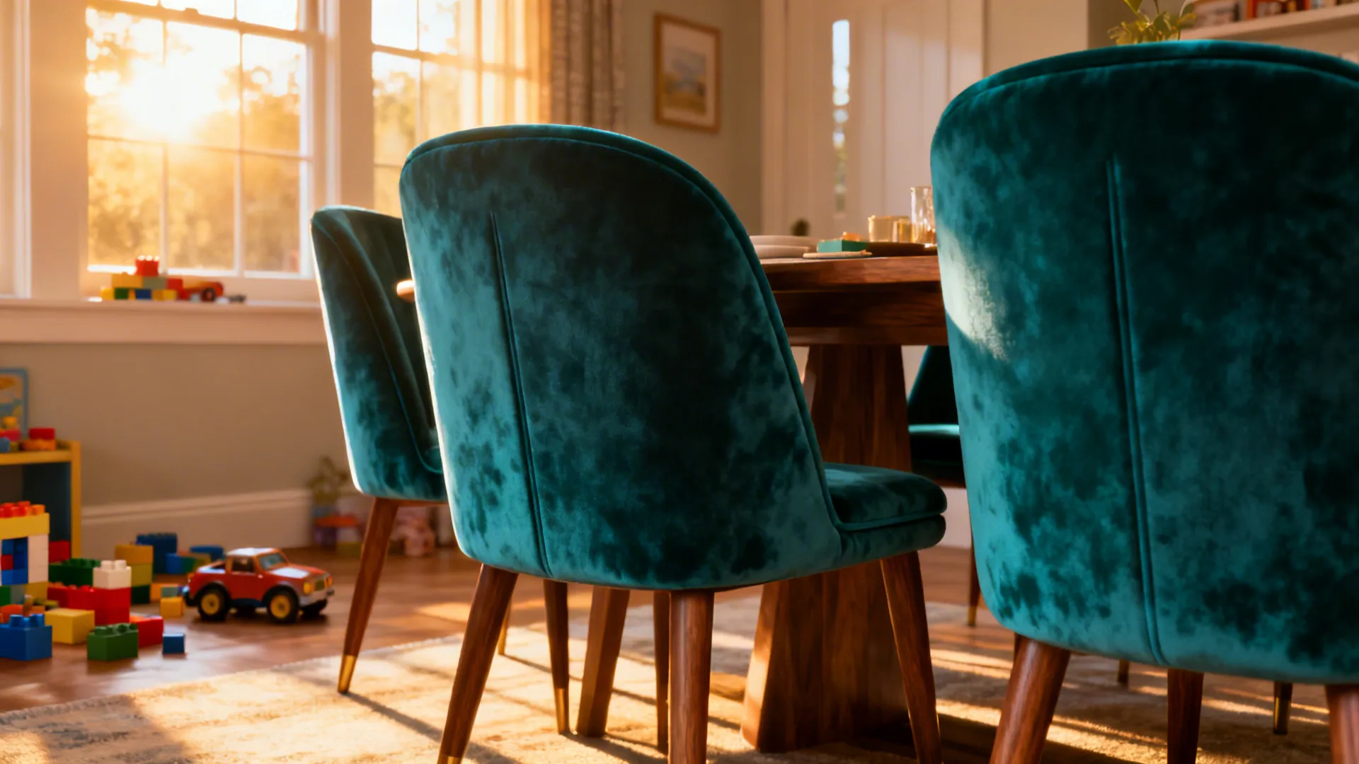 Mid-century dining chairs in deep performance velvet showing plush, stain-resistant finish.