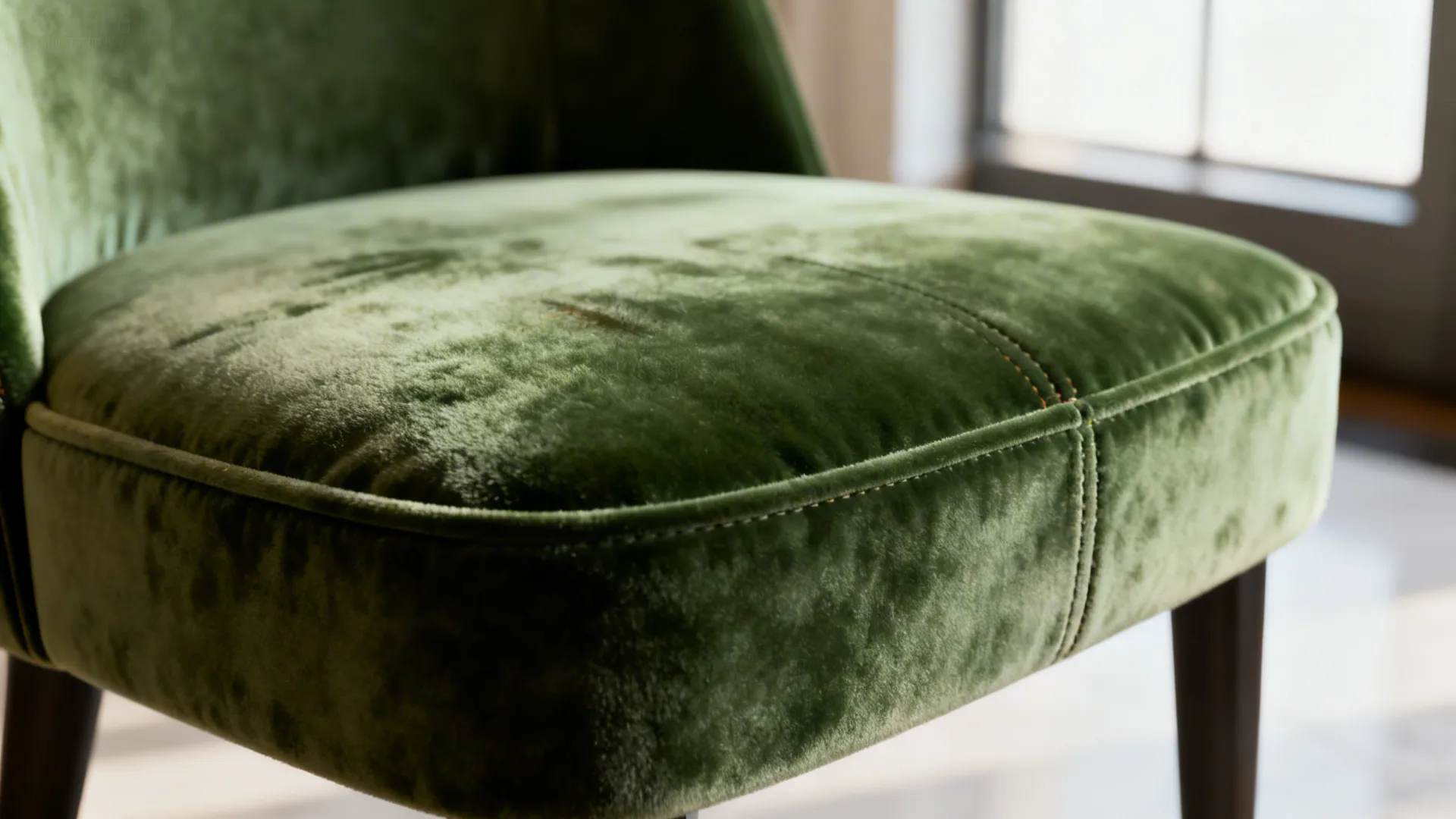 Close-up of mid-tone performance velvet upholstery on a dining chair showing pile and seam detail.