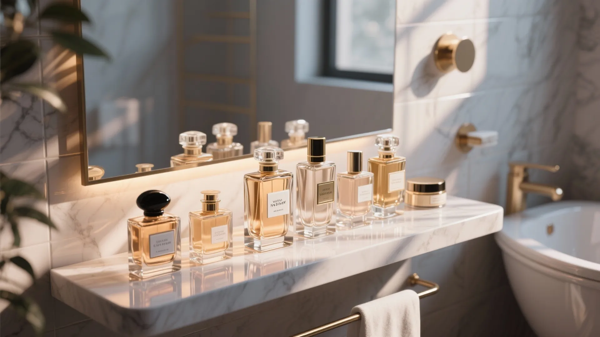 Glass perfume bottles sitting on marble ledge with gold hardware and mirror in bright bathroom