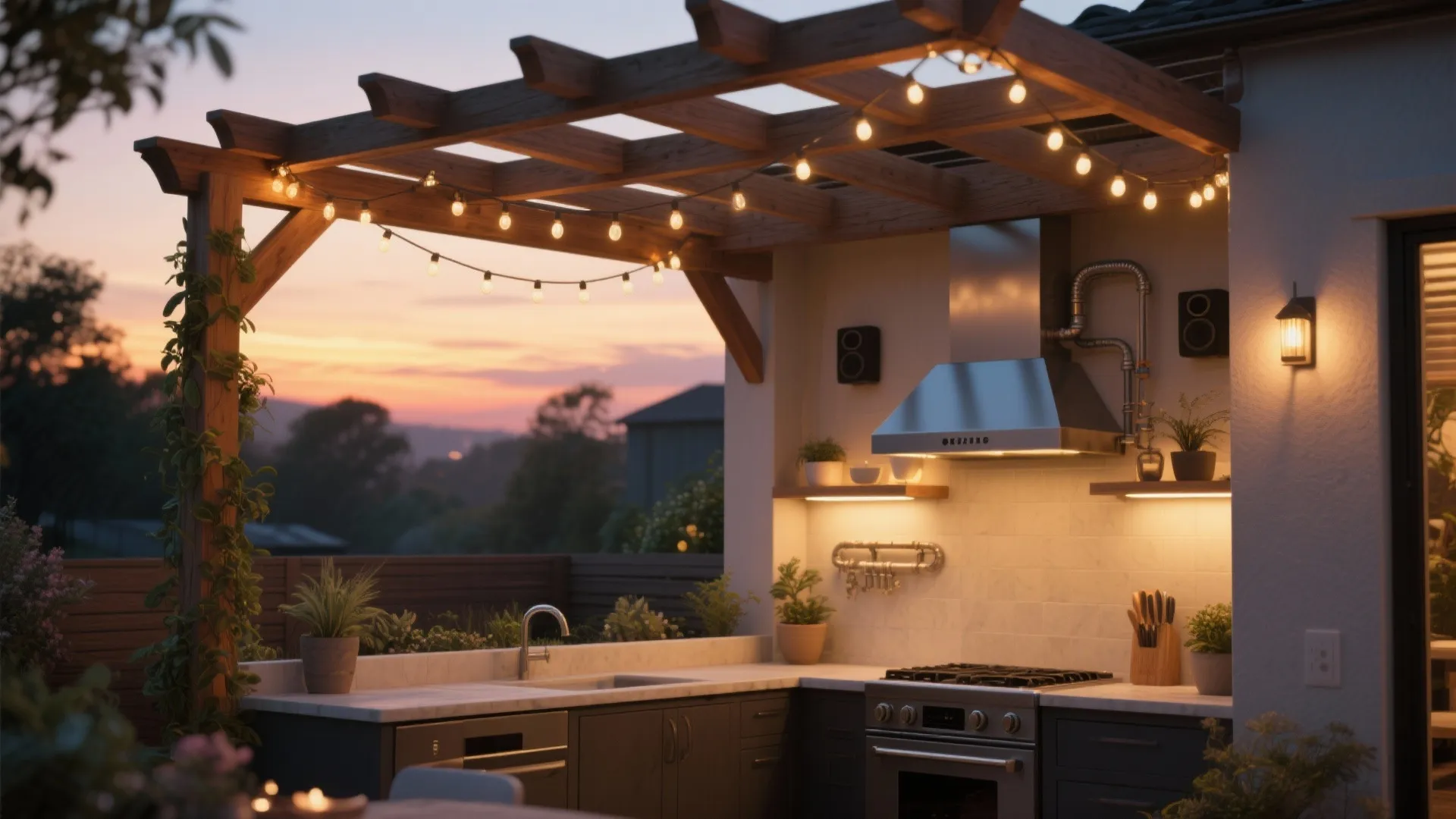 Outdoor kitchen under a wooden pergola with string lights, sink, gas stove, and sunset view