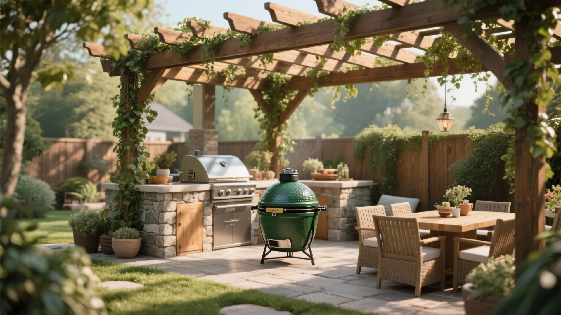 Outdoor kitchen with Big Green Egg under pergola with greenery