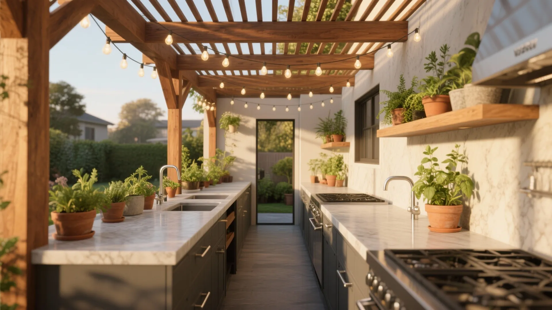 5. Pergola with integrated counters and planters
