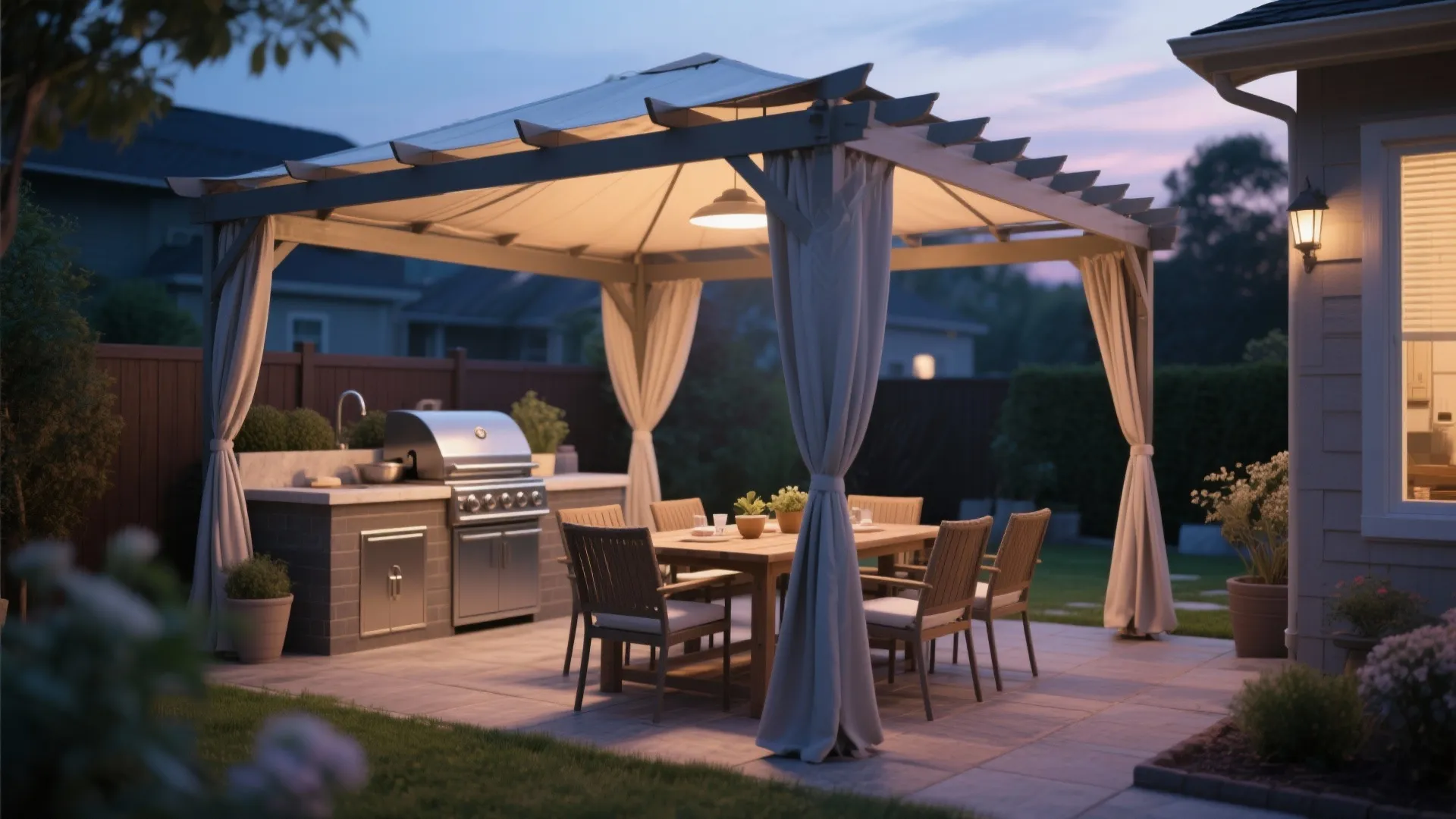 Outdoor dining area under a wooden roof with white curtains and a grill at night