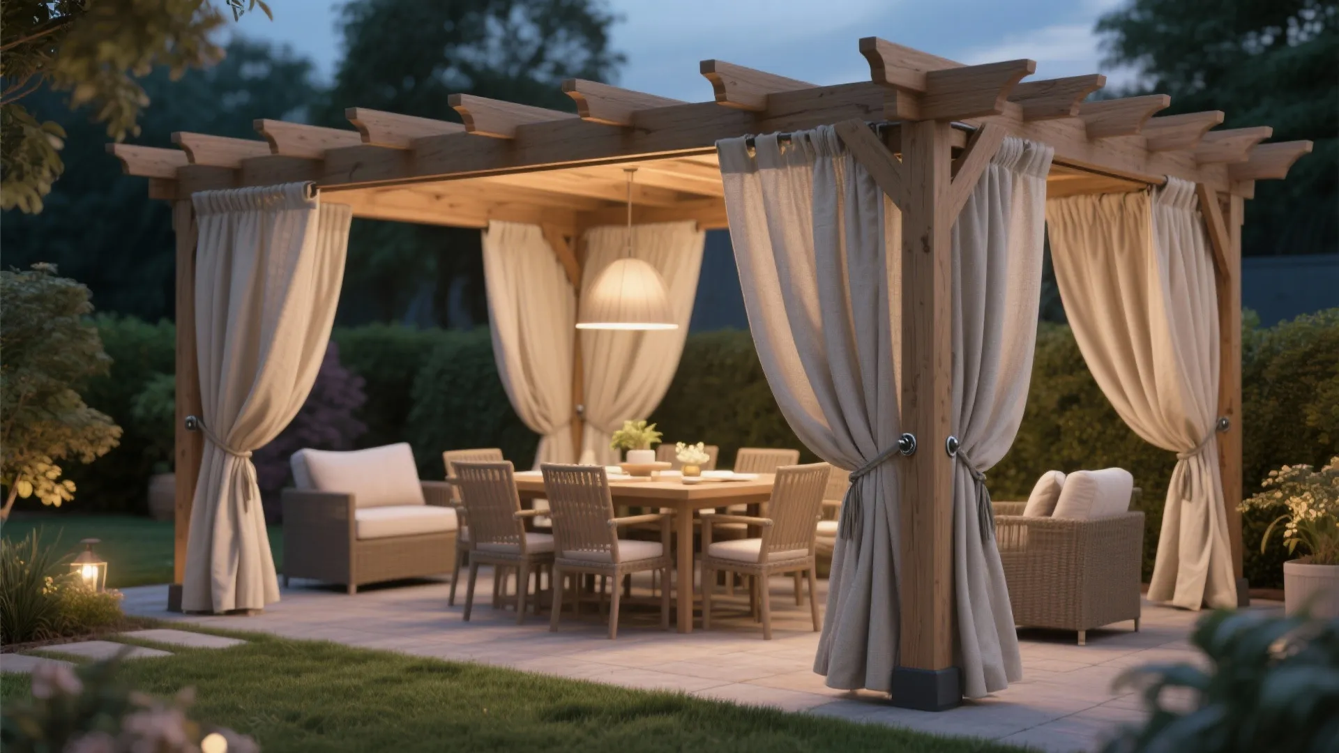 Wooden pergola with white curtains dining table chairs and warm light in a backyard garden