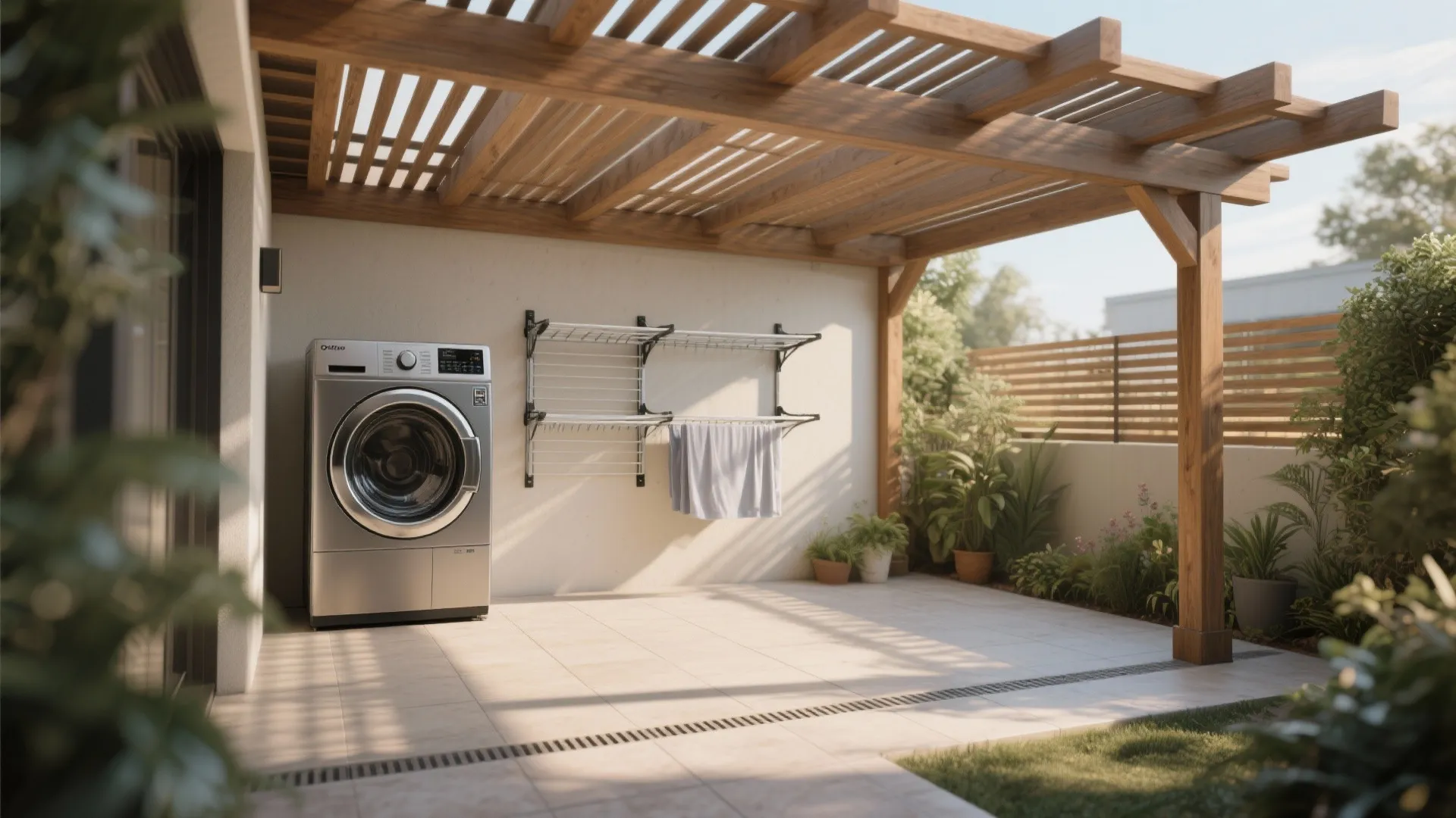 Outdoor laundry area with washing machine under wooden roof structure plus wall mounted drying racks