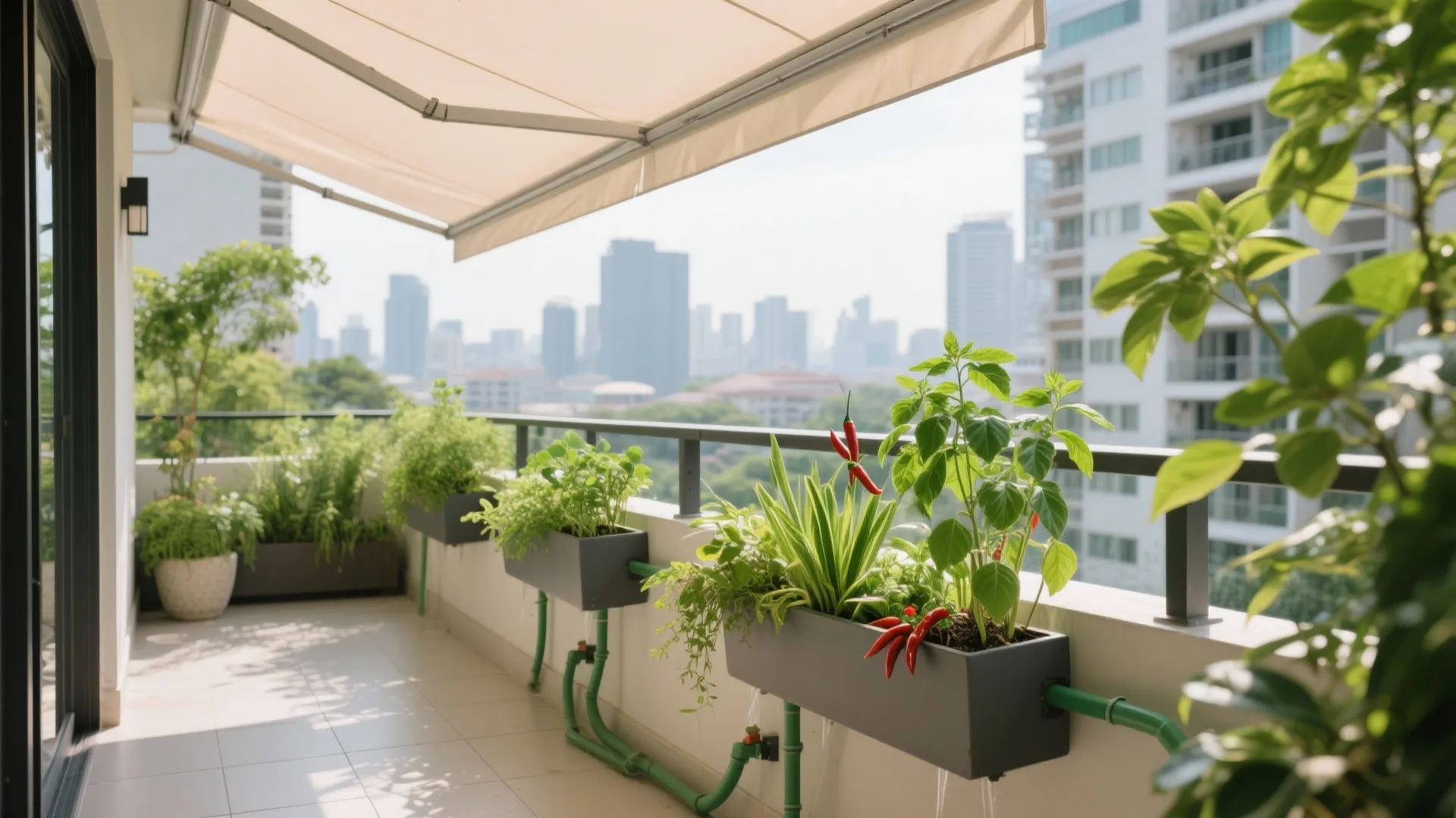 Shaded greenery: pergola, planters, and micro-edible garden