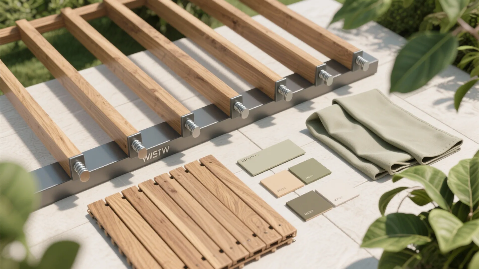 Flatlay of balcony pergola materials: ash wood, brackets, neutral fabric swatches, greenery.