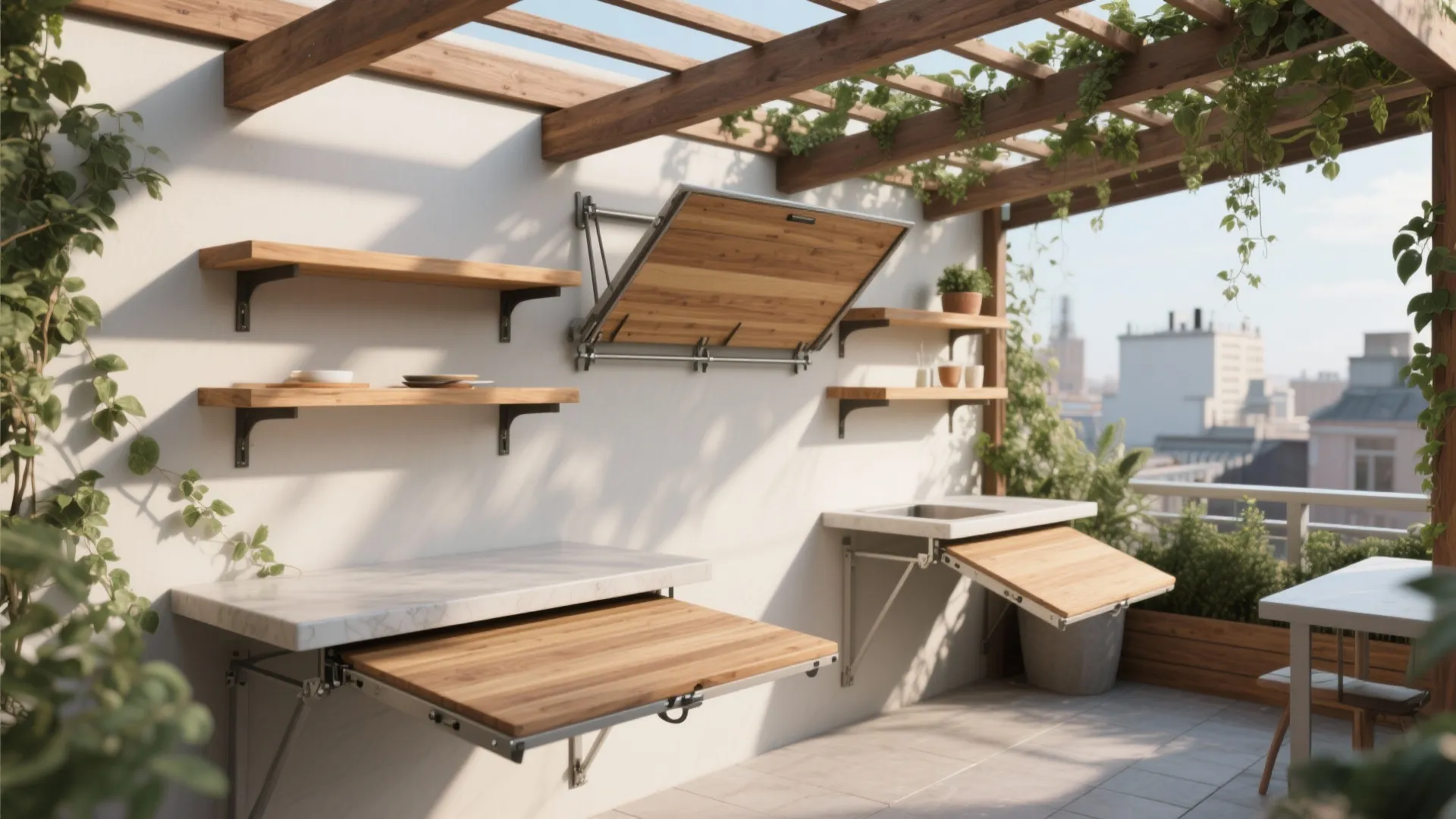 3. Pergola-mounted shelving and fold-down stations