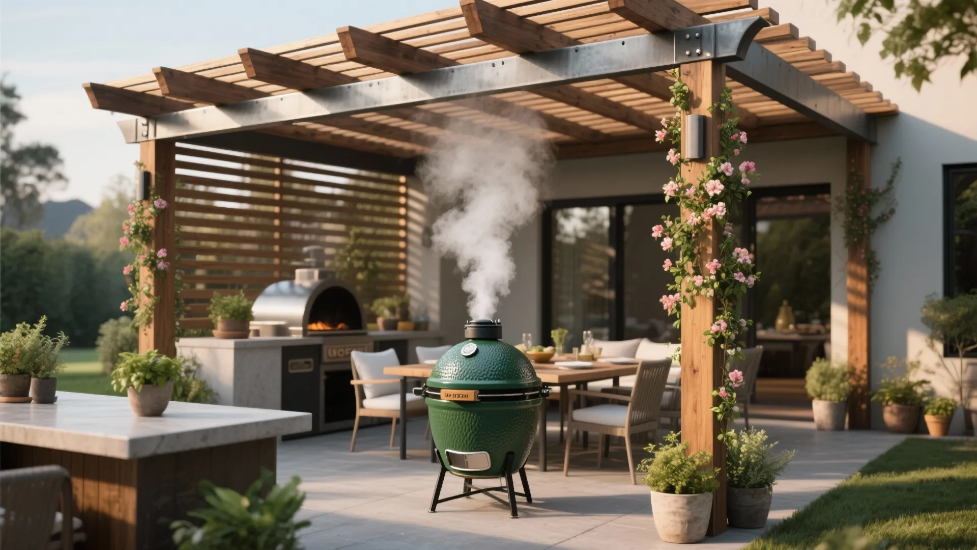 Patio dining area with wooden pergola green egg grill smoking and outdoor dining table and chairs