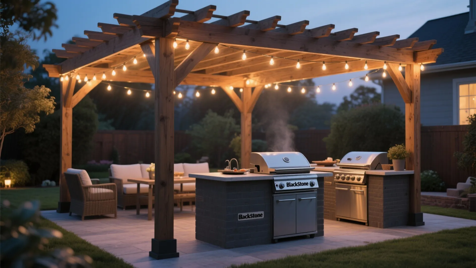 Outdoor kitchen area under a wooden roof with string lights and two large cooking units