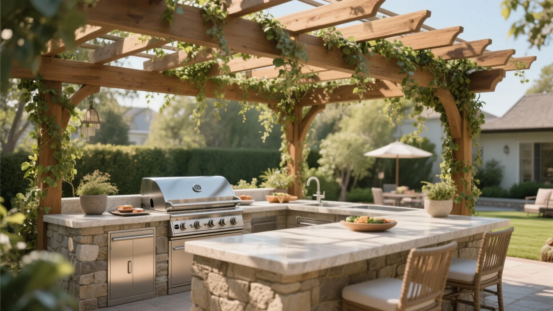 3. Pergola-Covered Grill Area