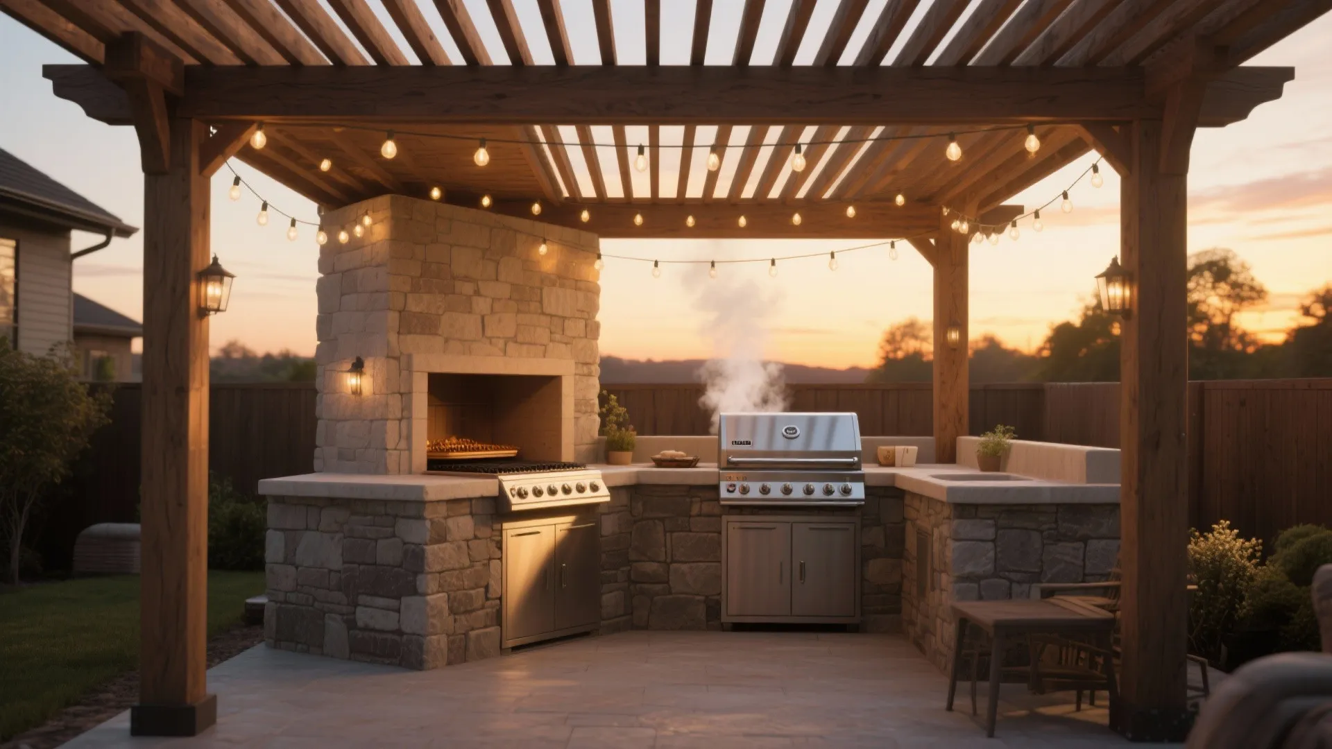 Outdoor cooking area with stone fireplace and grill under wooden roof with warm string lights