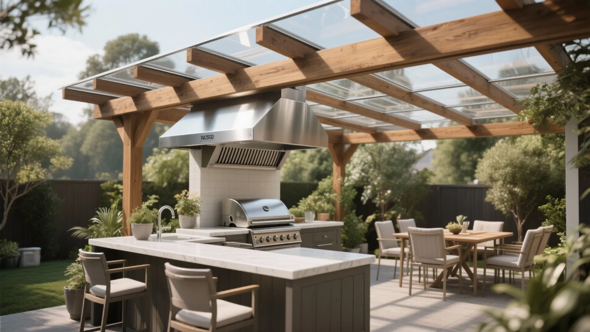 Outdoor kitchen with wooden roof, steel vent hood, gas grill, white counters, and dining table