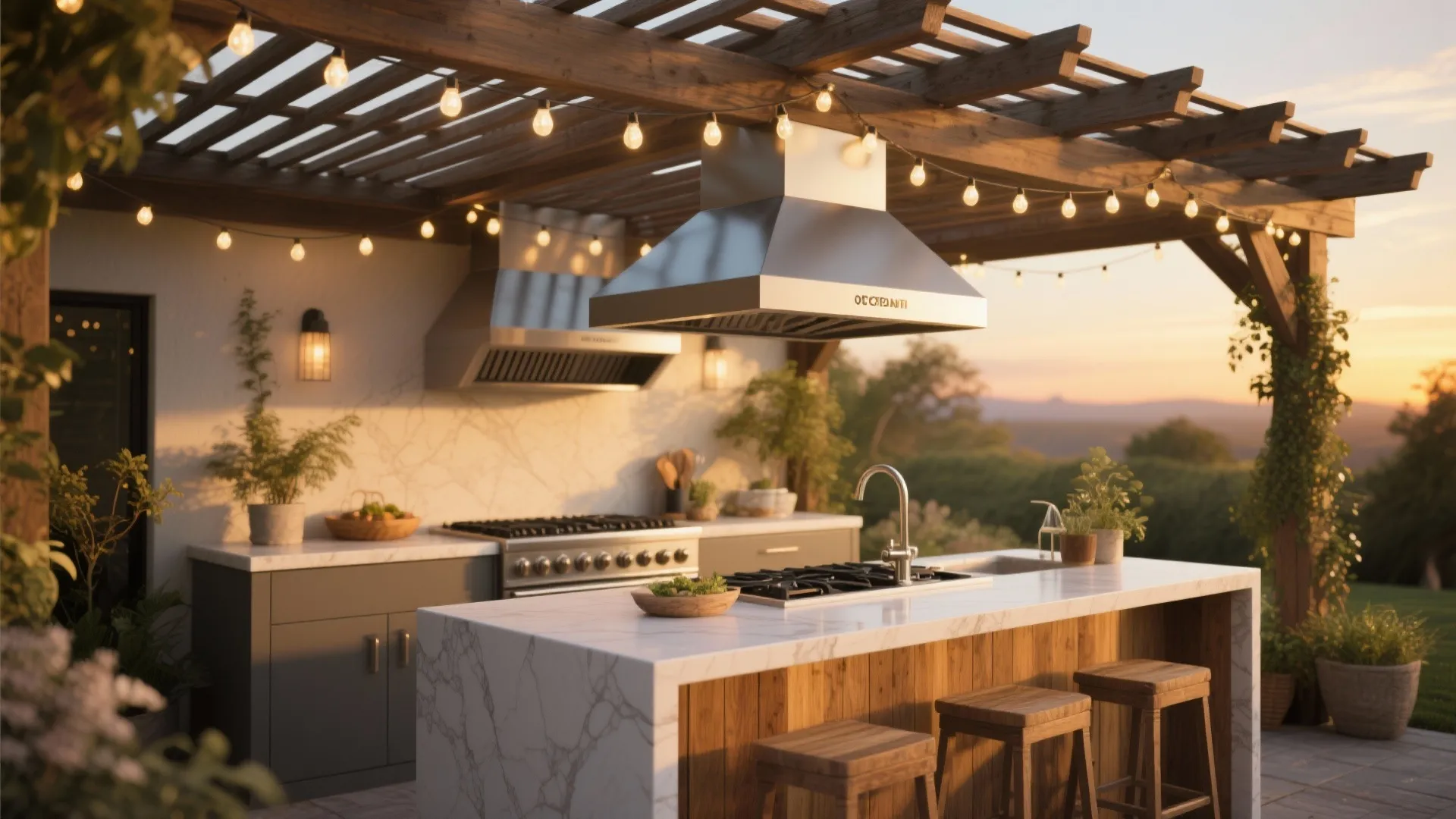 2. Pergola-Covered Kitchen Island