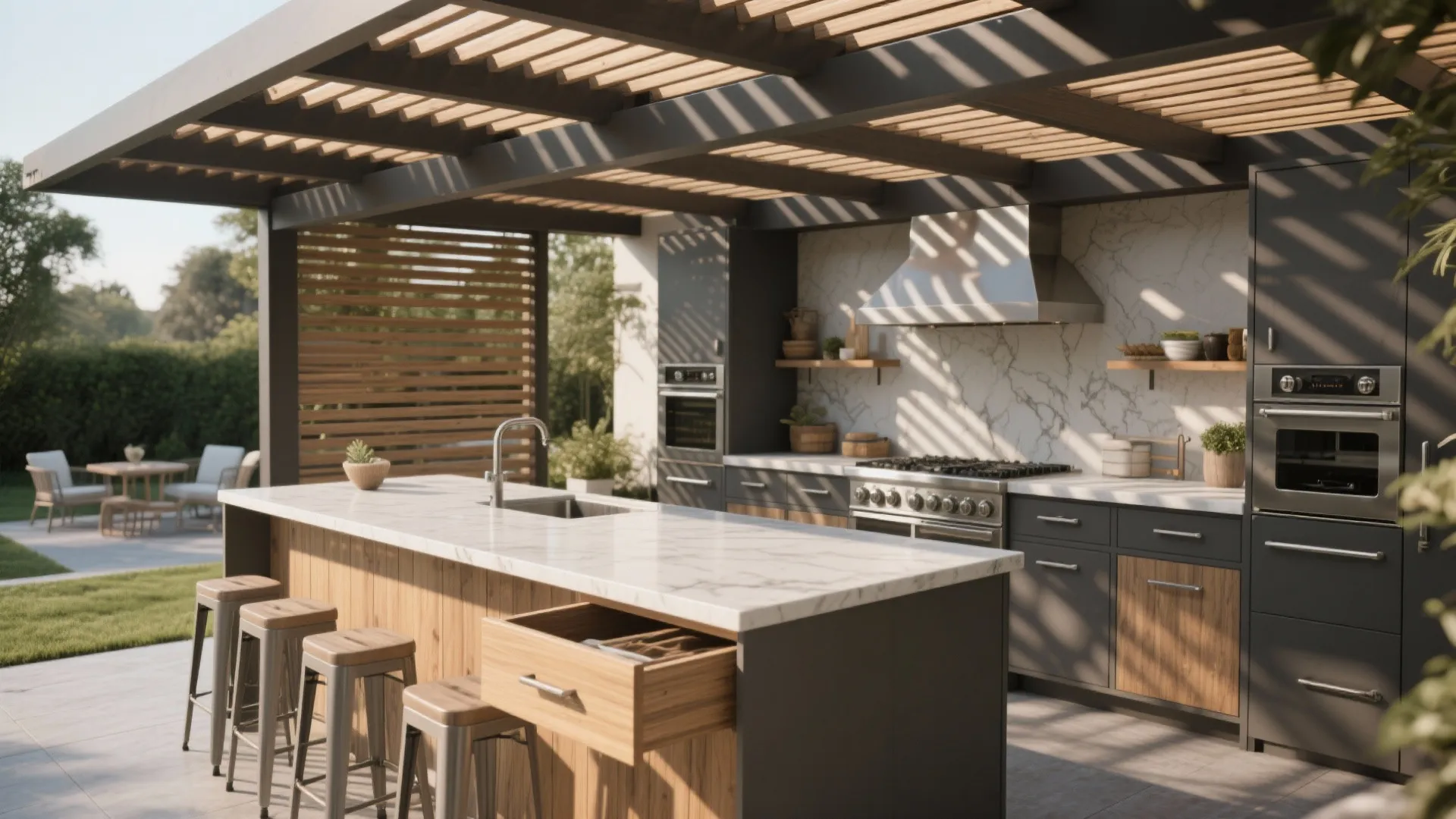 4. Pergola-Covered Island with Integrated Storage