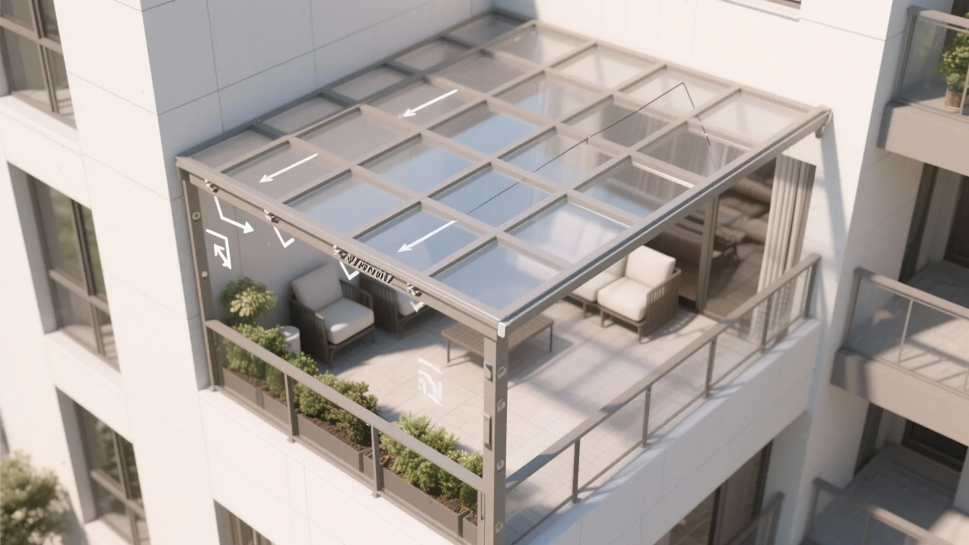 Top view of a balcony glass roof structure with white arrows showing the drainage system