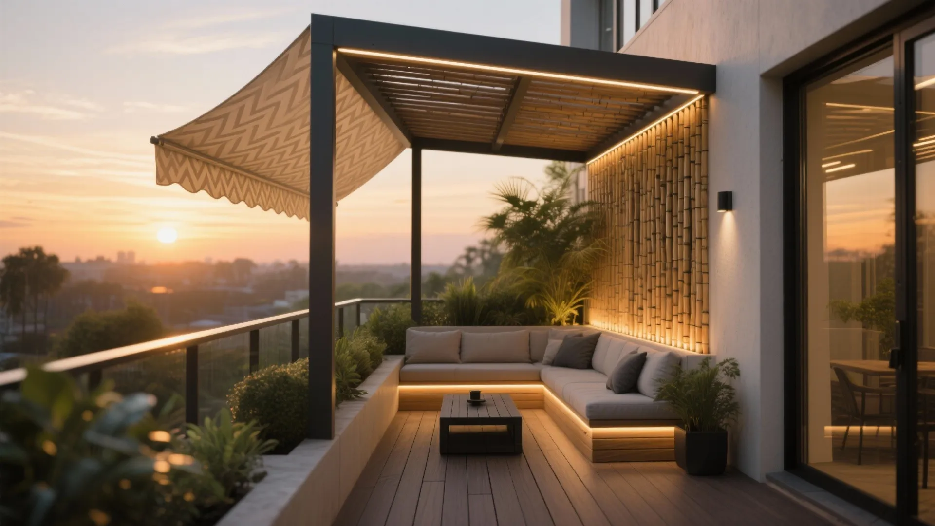 Cozy balcony at sunset with outdoor sofa bamboo wall light fixture and wooden coffee table