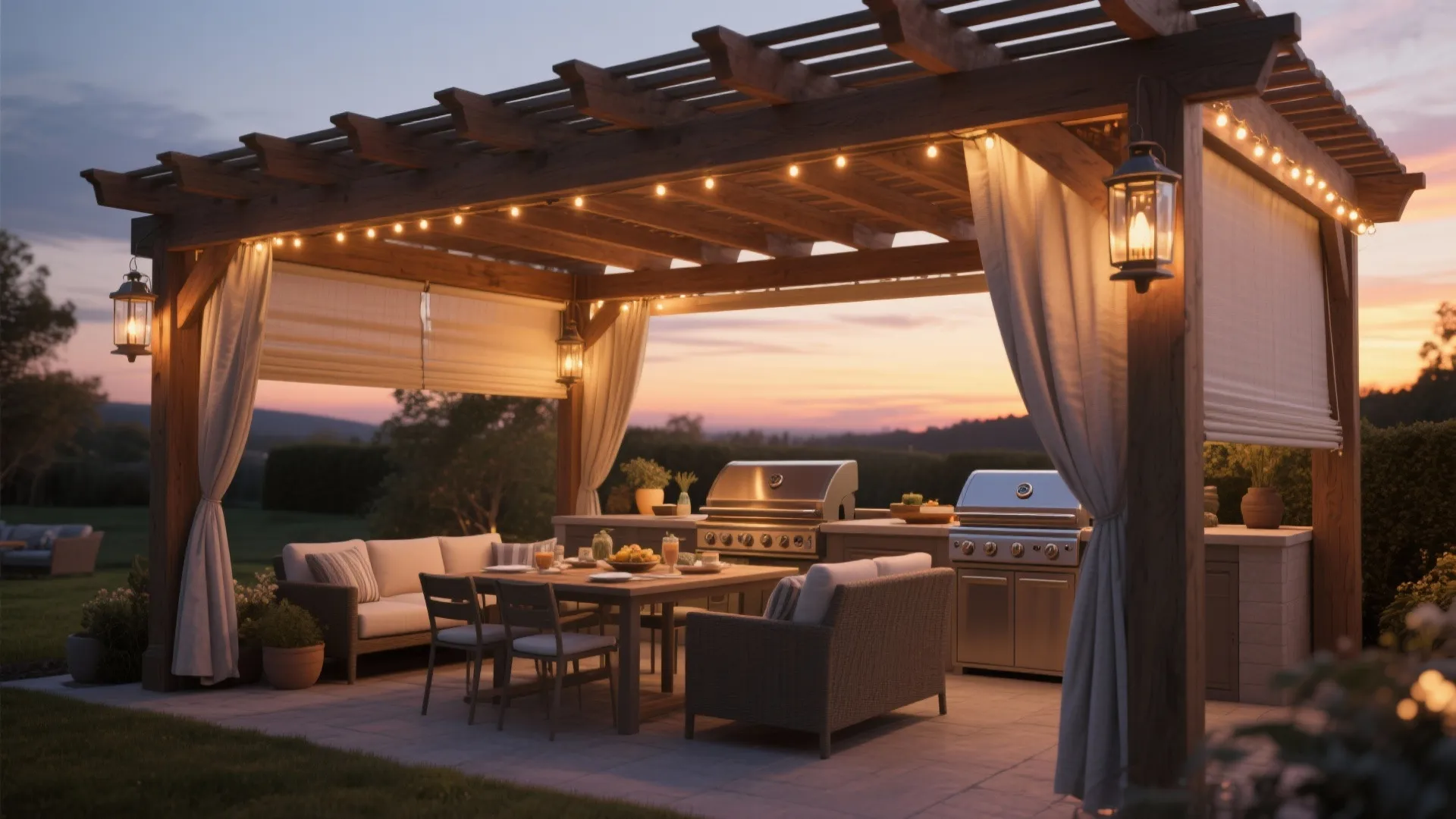 3. Pergola with Integrated Lighting and Wind Screens