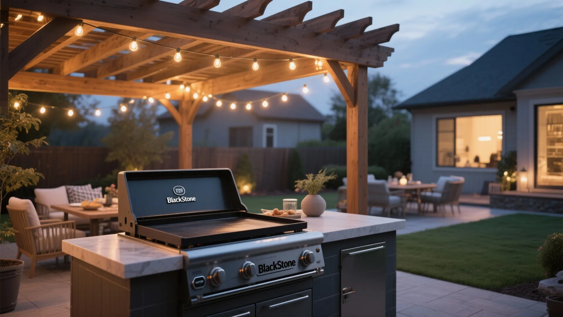 Outdoor kitchen island with black grill under wooden roof structure with warm string light bulbs