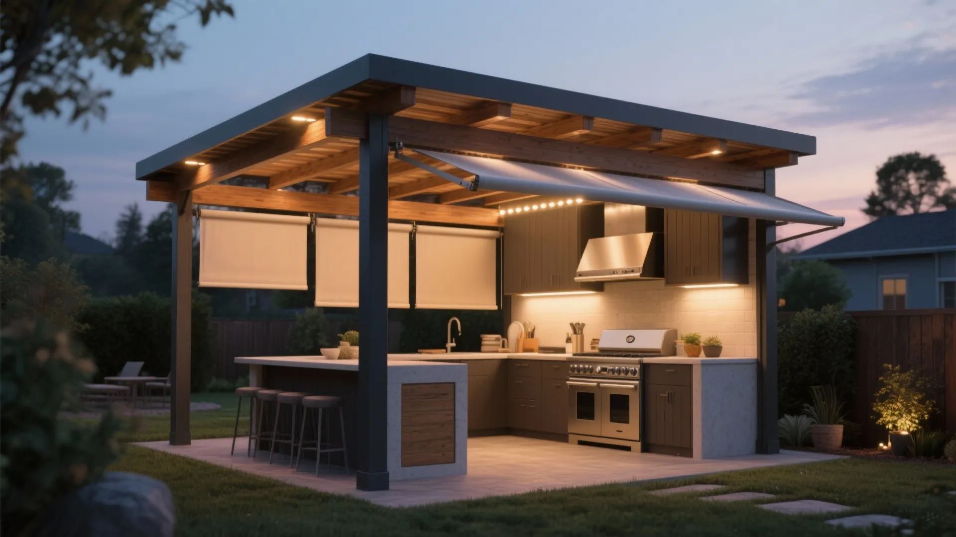 Modern outdoor kitchen under a roof with ceiling lights stove island and bar stool seating