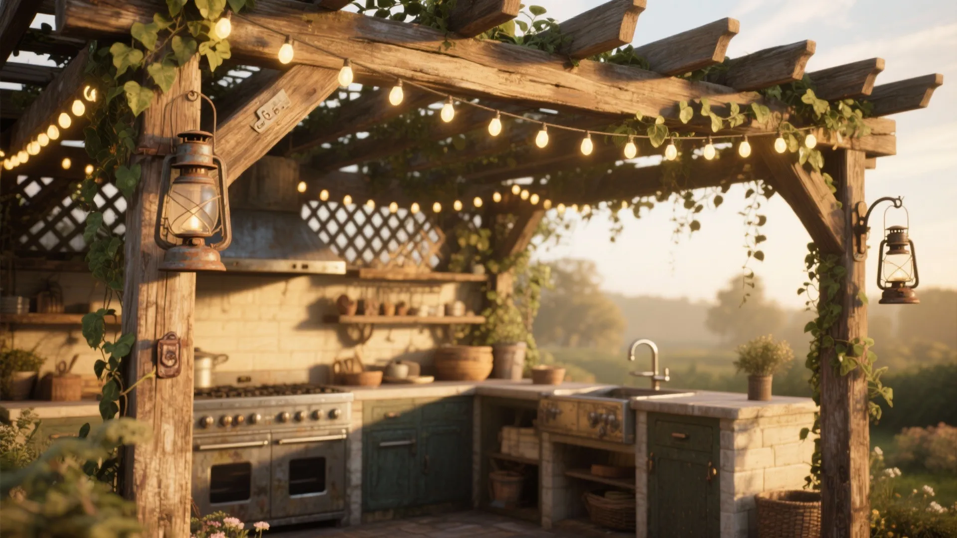 4. Pergola, string lights, and salvaged hardware