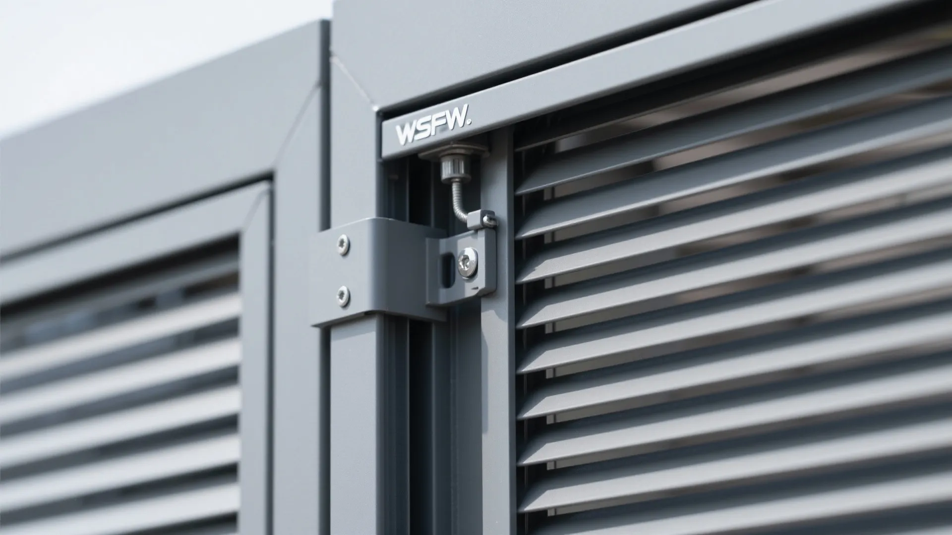 Close-up of adjustable pergola louver and hinge with powder-coated finish.