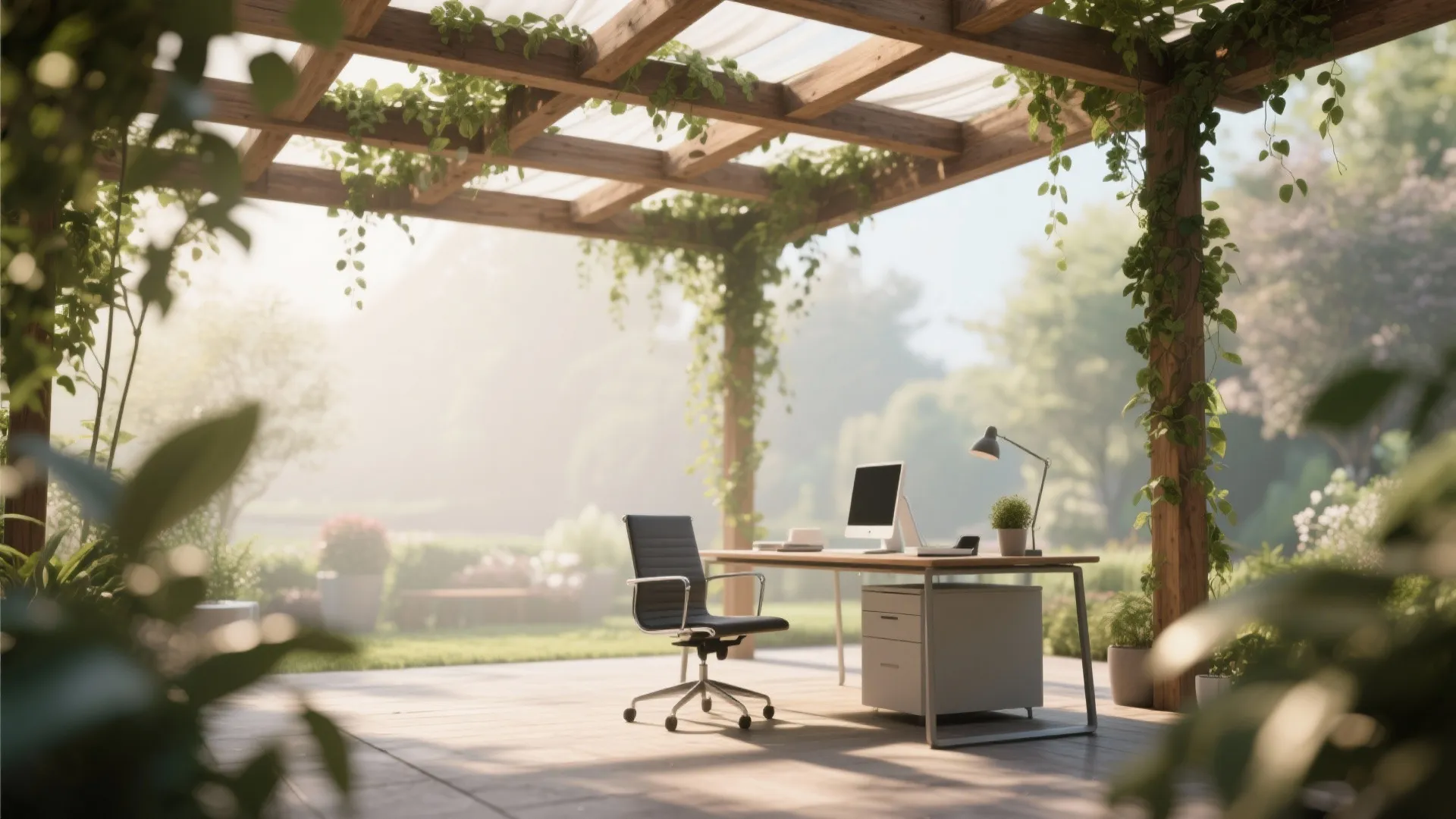 Outdoor pergola office with climbing vines and natural light