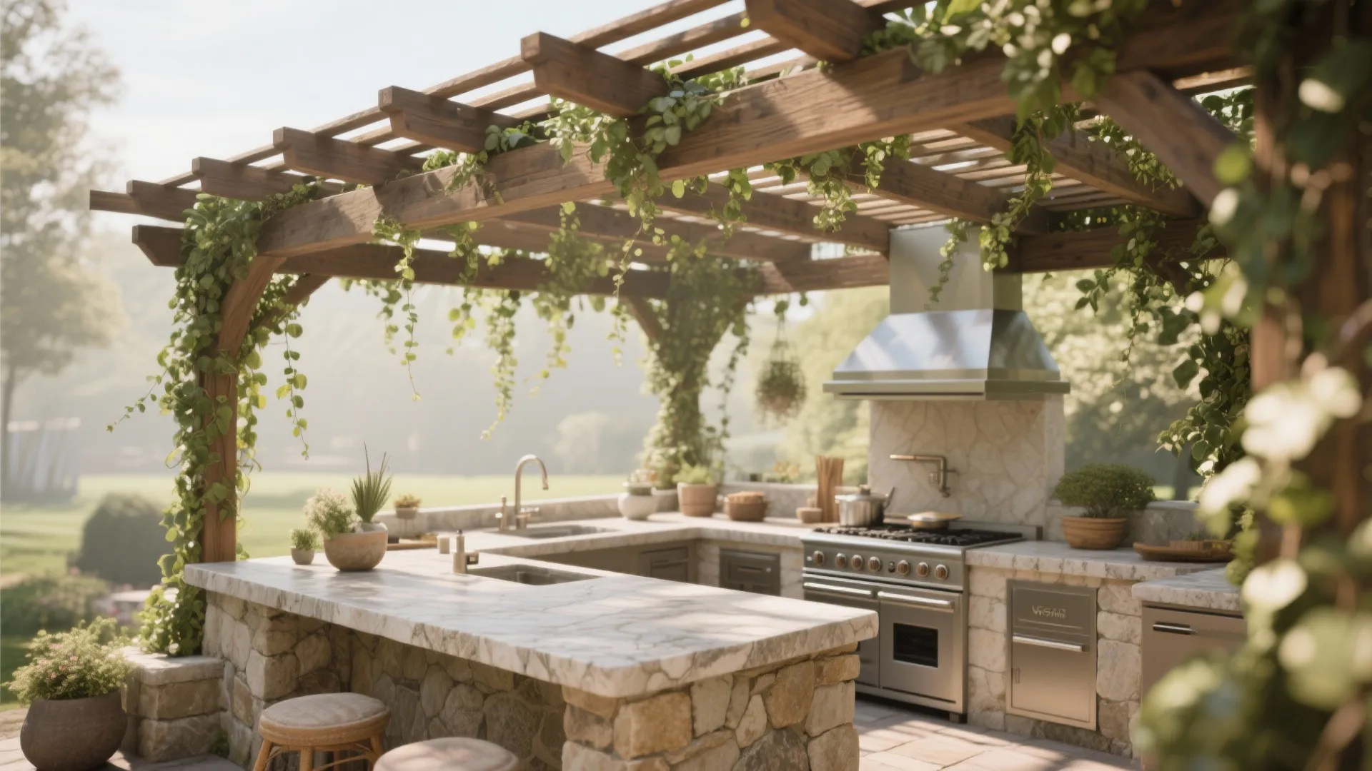 Outdoor kitchen under wooden pergola with climbing plants