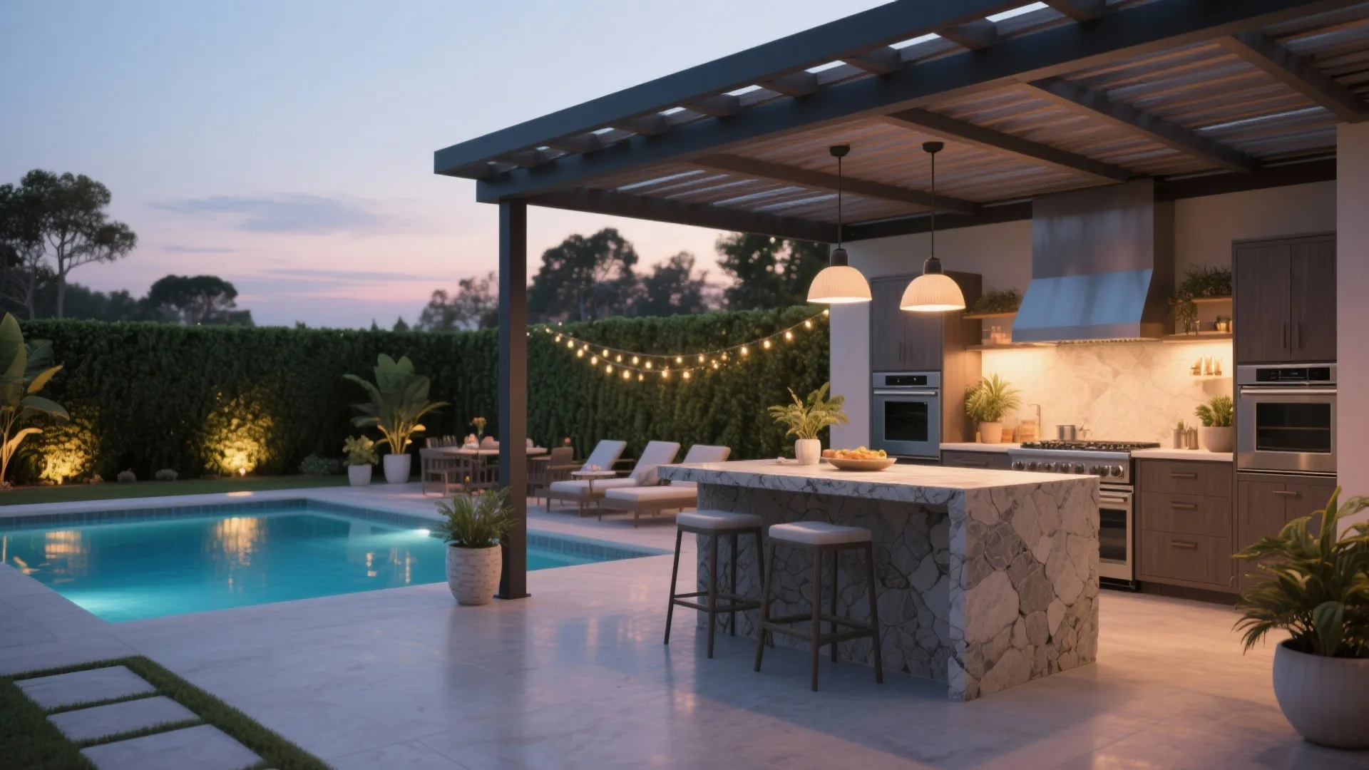 5. Integrated outdoor kitchen and covered pergola