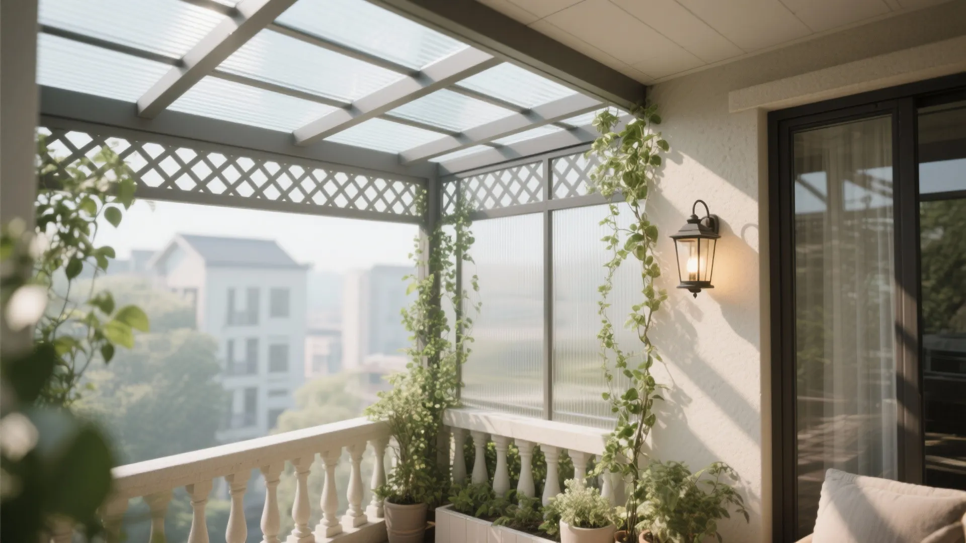 Bright balcony with transparent roof panels green plants wall light and white railing overlooking the city