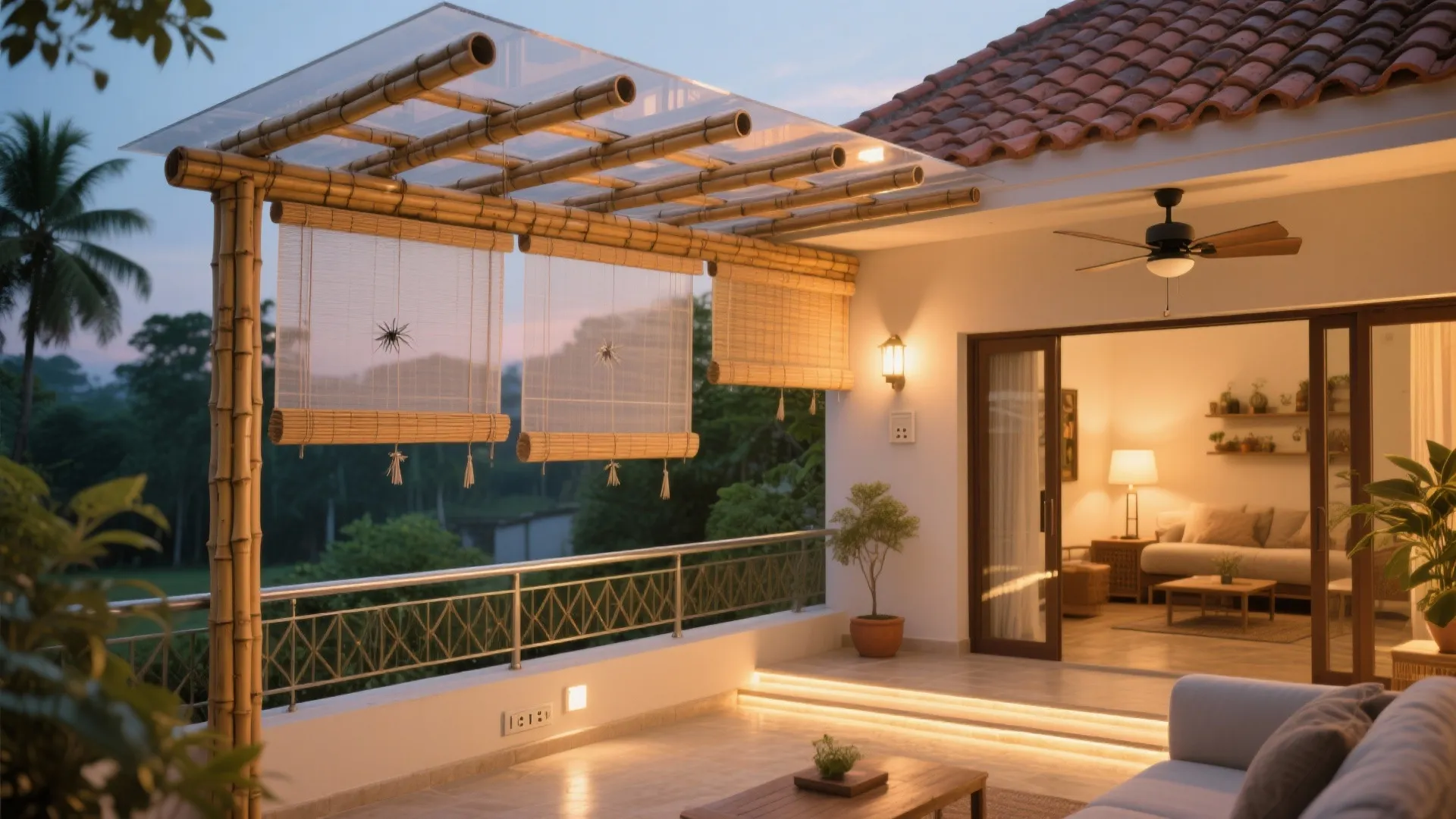 Modern outdoor balcony at sunset with bamboo roof structure bamboo roll up curtains and comfortable sofa