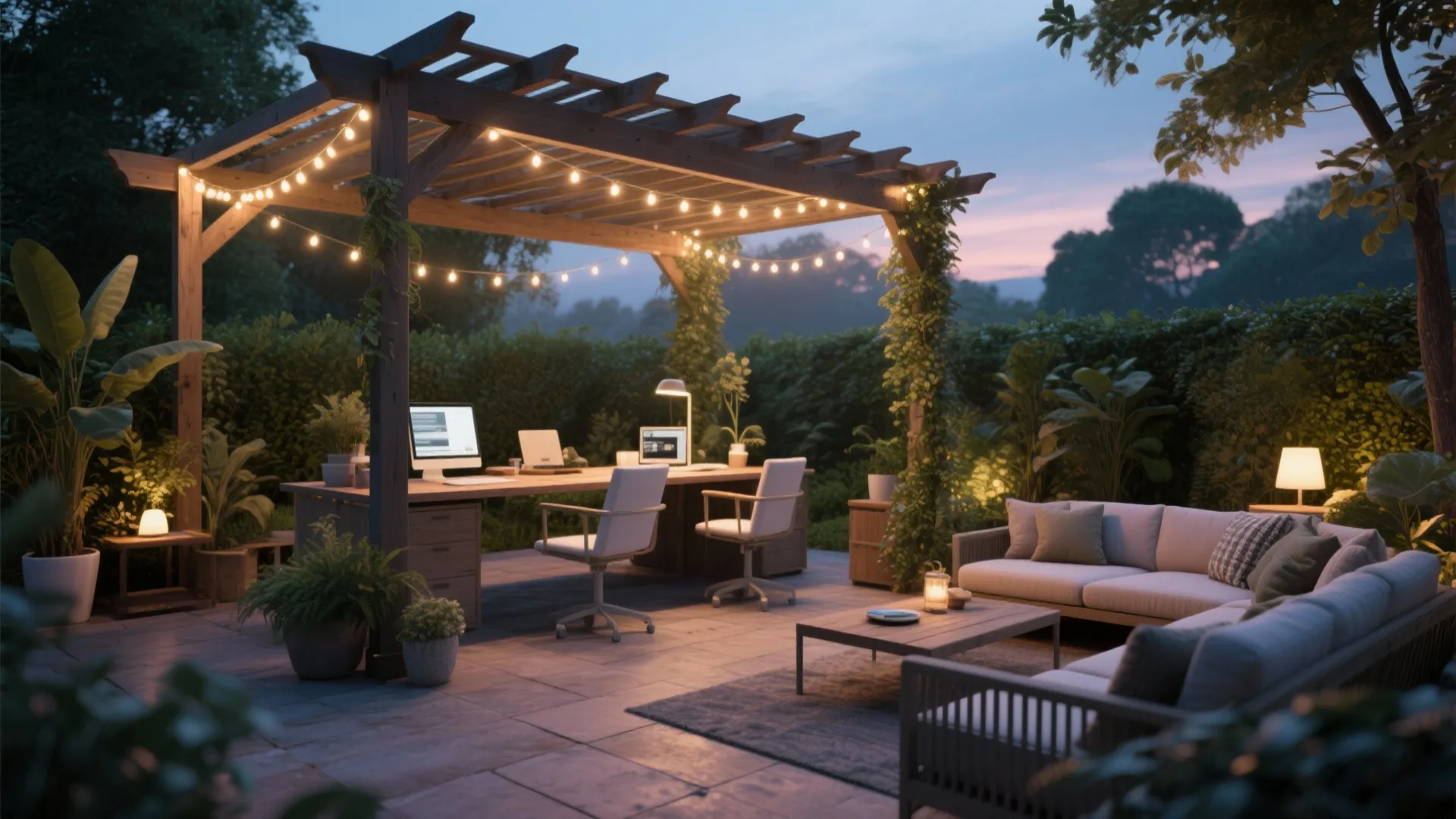 Outdoor desk under pergola with string lights at sunset