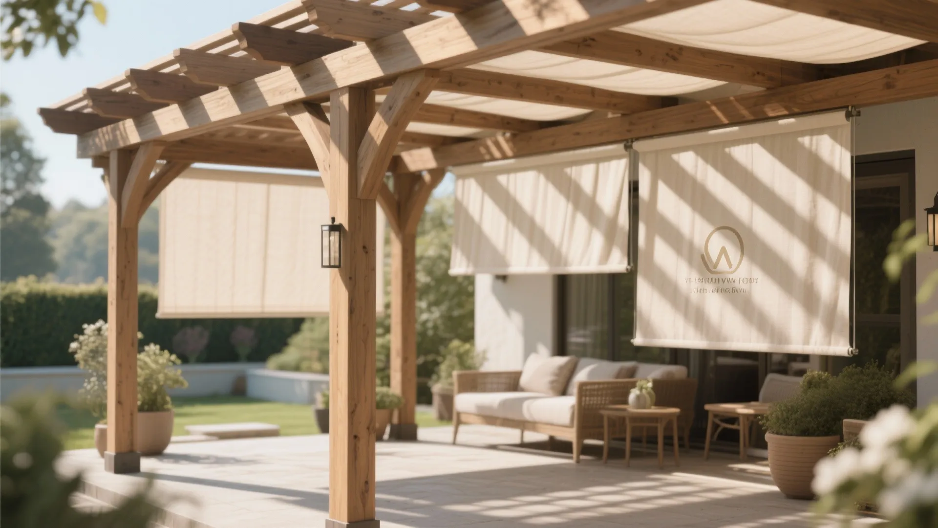 Pergola with retractable linen side shades providing patio privacy